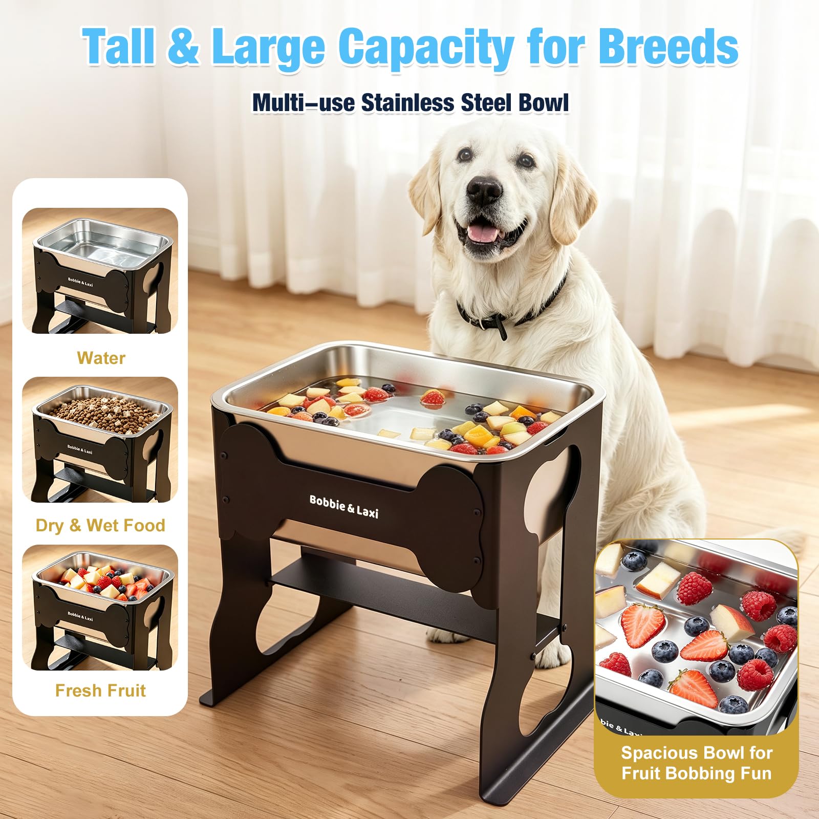 Cuenco de agua grande elevado para perros de 2.4 galones, cuenco elevado de acero inoxidable de 14 pulgadas con soporte para razas grandes, estación de alimentación de metal completo para perros para