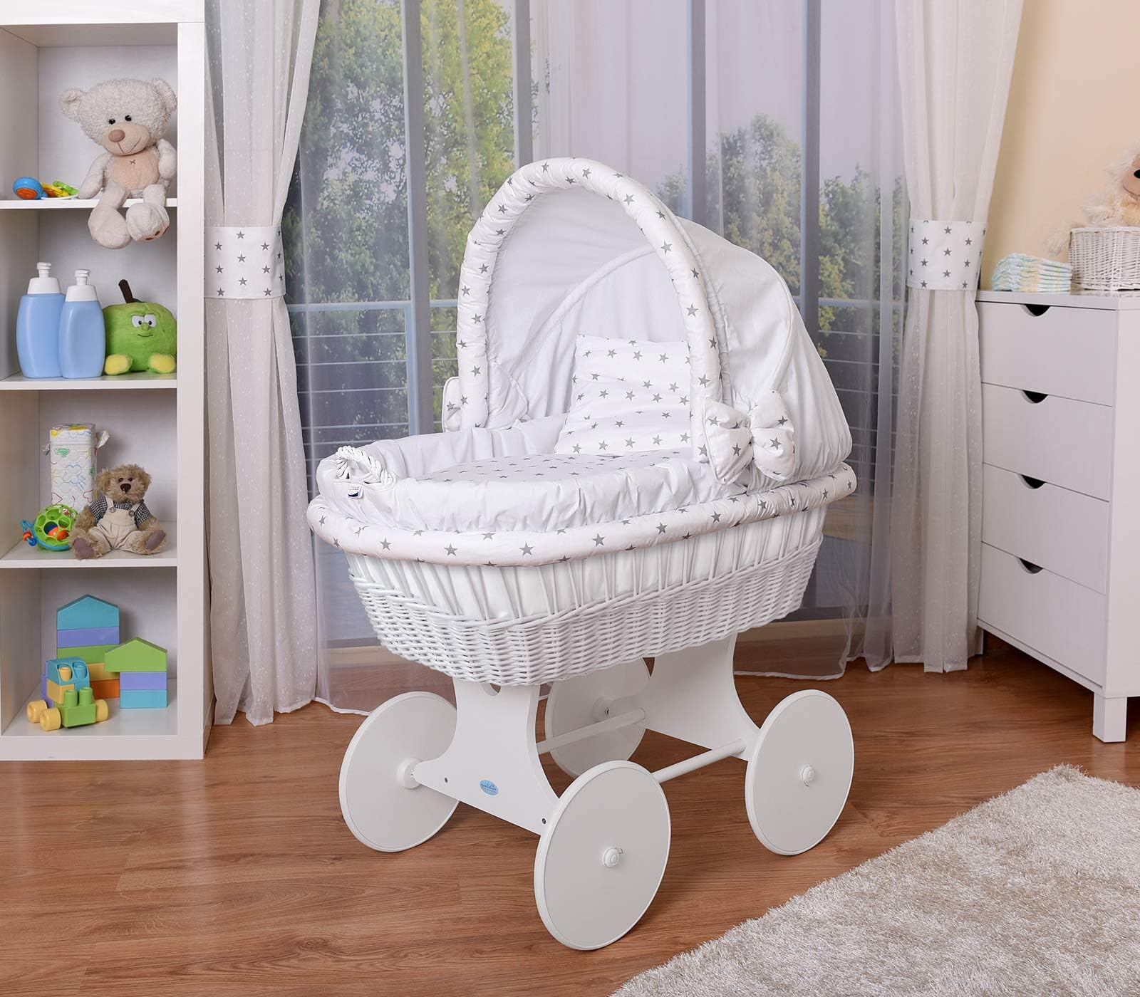 WALDIN Baby Wicker Cradle, Moses Basket, 26 Models Available,White Painted Stand/Wheels,Textile Colour White/Grey Stars