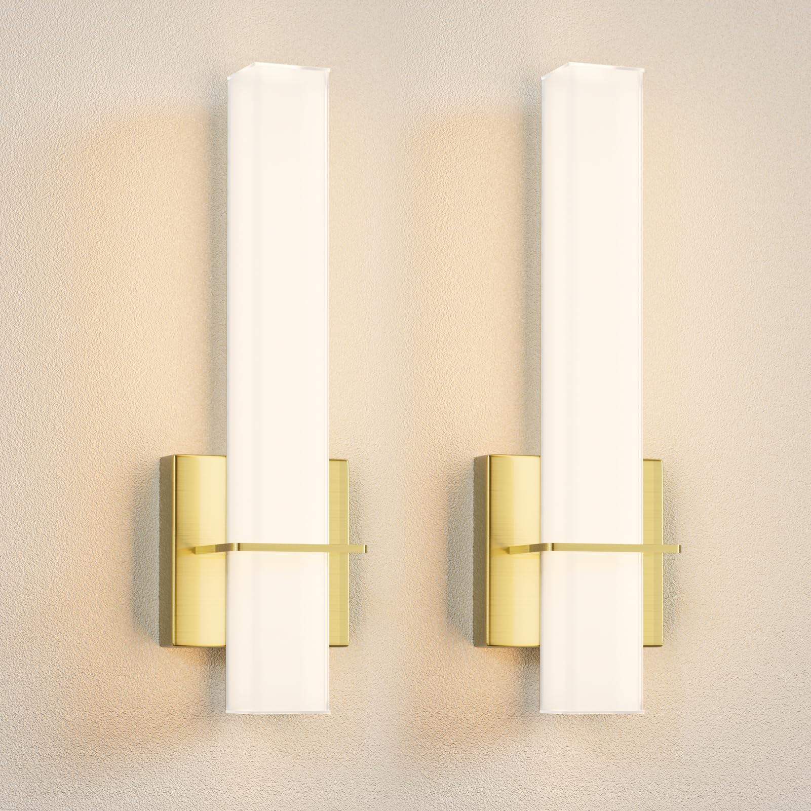 Aoceley Gold LED Wall Sconces Set of Two,18W 3000K Dimmable Wall Light with Acrylic Lampshade,Indoor Hardwired Bathroom Vanity Light Fixture for Bedroom, Living Room, Hallway, Stairway 15.7" H