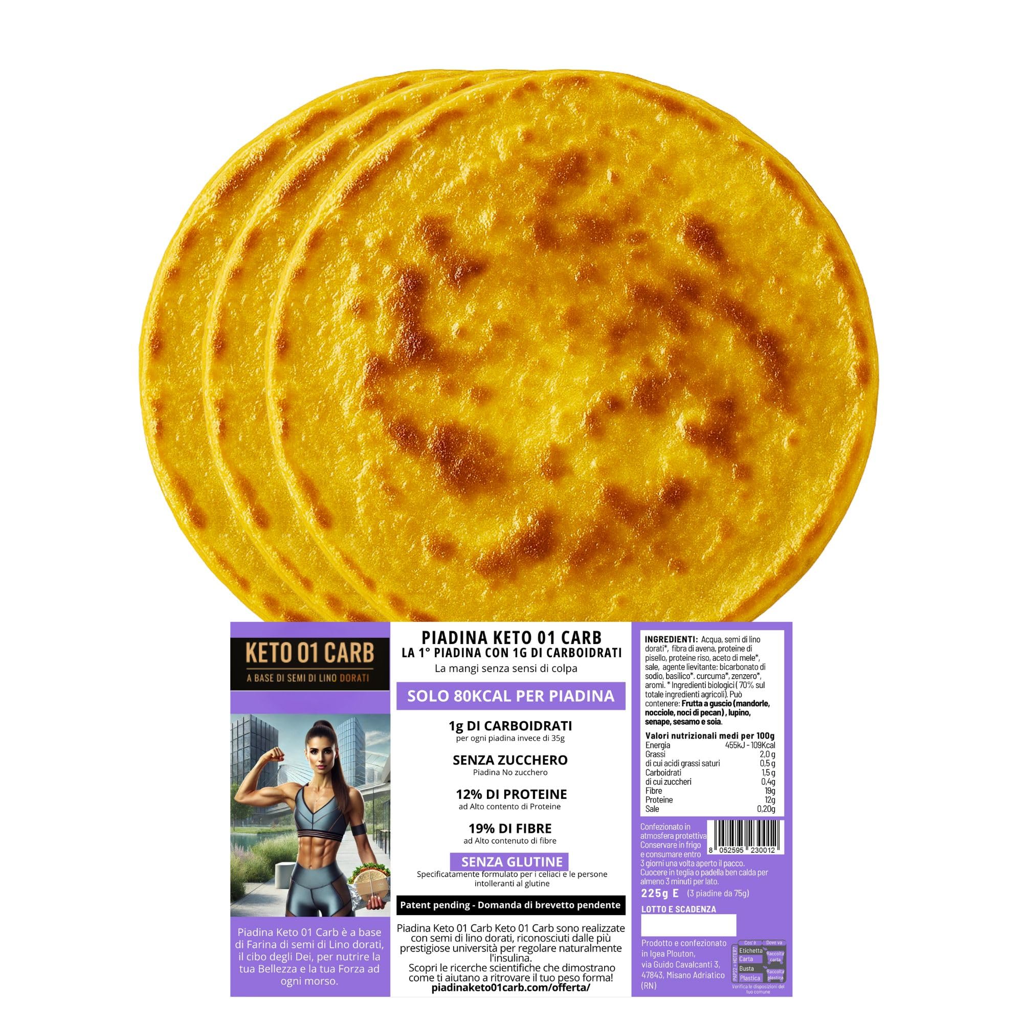 KETO 01 CARB - Piadina Keto Artigianale con solo 1g di Carboidrati, Piadina senza Glutine 12% Proteine, 80 Kcal, Low Carb, 3pz x 75g, Confezione Singola - 1