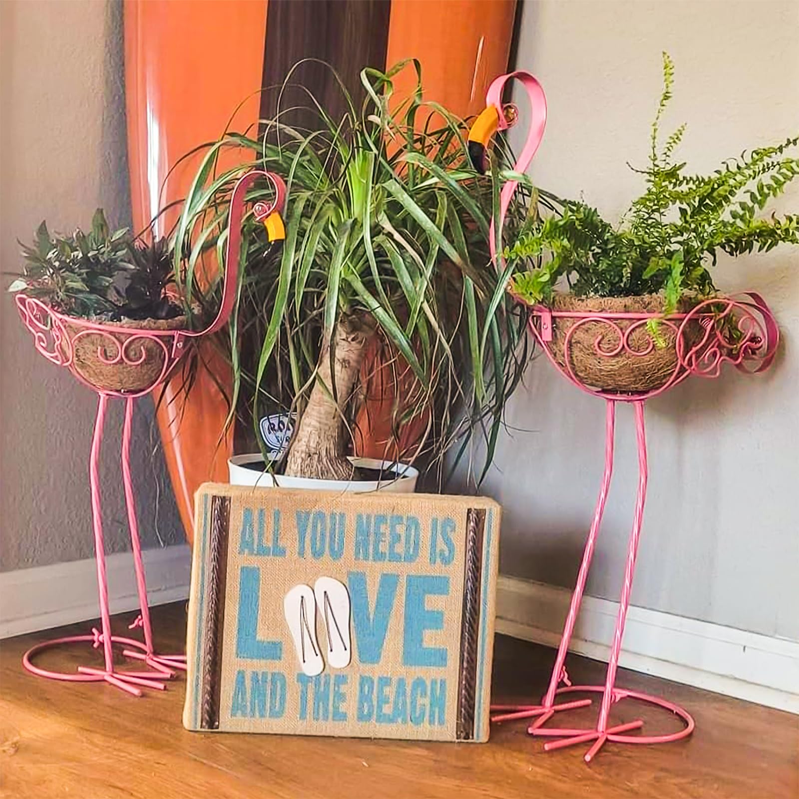 Fioriere in metallo a forma di fenicottero, set di 2 vasi rosa a forma di fenicottero per fiori e piante con cestino per decorazione di interni ed esterni giardino cortile terrazza veranda