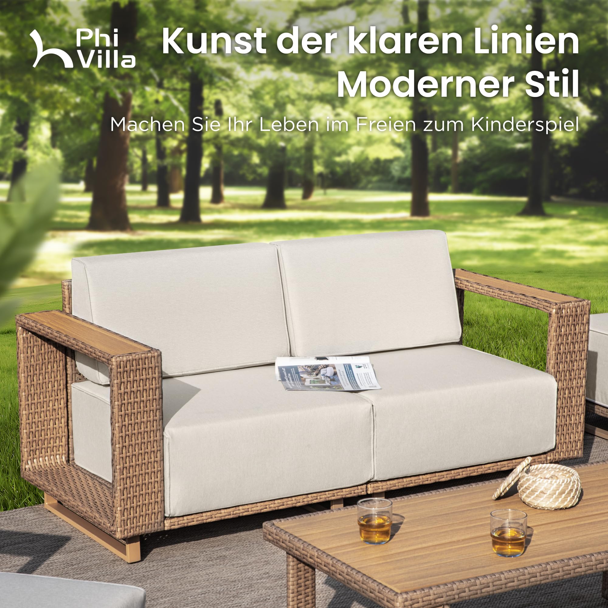 PHI VILLA Rattan Gartenmöbel Set Balkonmöbel für 4, Lounge Möbel Outdoor Sofa Sets für Garten und Terrasse, Allwetter Gartensofa Terassenmöbel Außen mit Dicken Weißen Kissen und Couchtisch