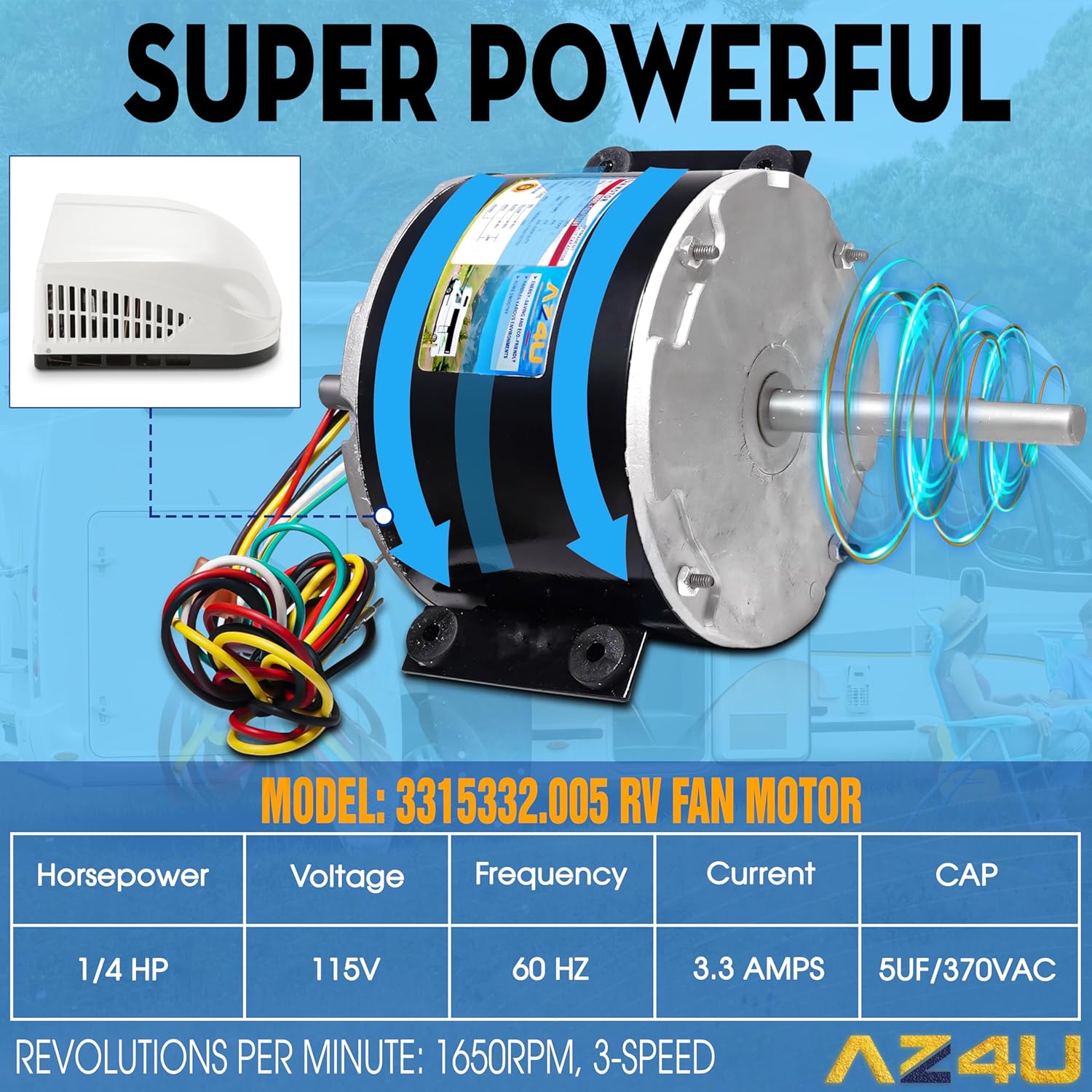 1/5Hp 3-Speed 3315332.005 AC Fan Motor 115 Volt 3.3 Amp, Replacement for genteq F48AF70A61 Fan Motor for Dometic Brisk Air 2 Penguin B57915 B59516 B59146 B59186 B59196 Air Conditioner Broad Ocean Roof