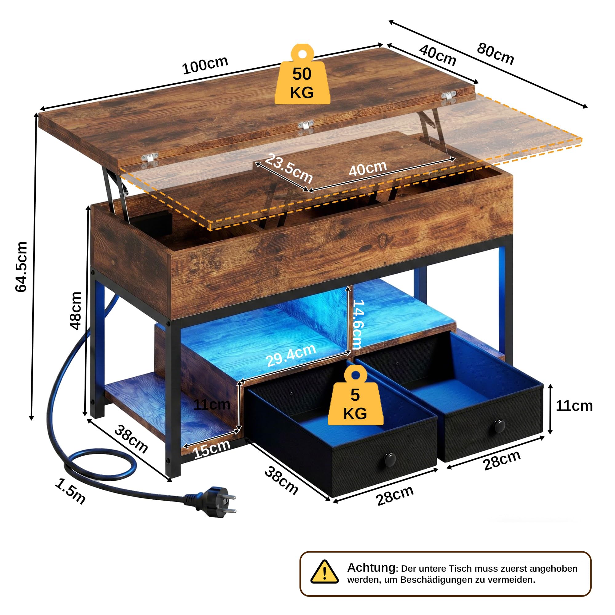IRONCK Couchtisch Höhenverstellbar, LED Wohnzimmertisch mit Steckdosen, 2AC+USB+USB‑C, Kaffeetisch Holz, 2 Schubladen, Umwandelbar Esstisch 100×80cm (Vintagebraun)