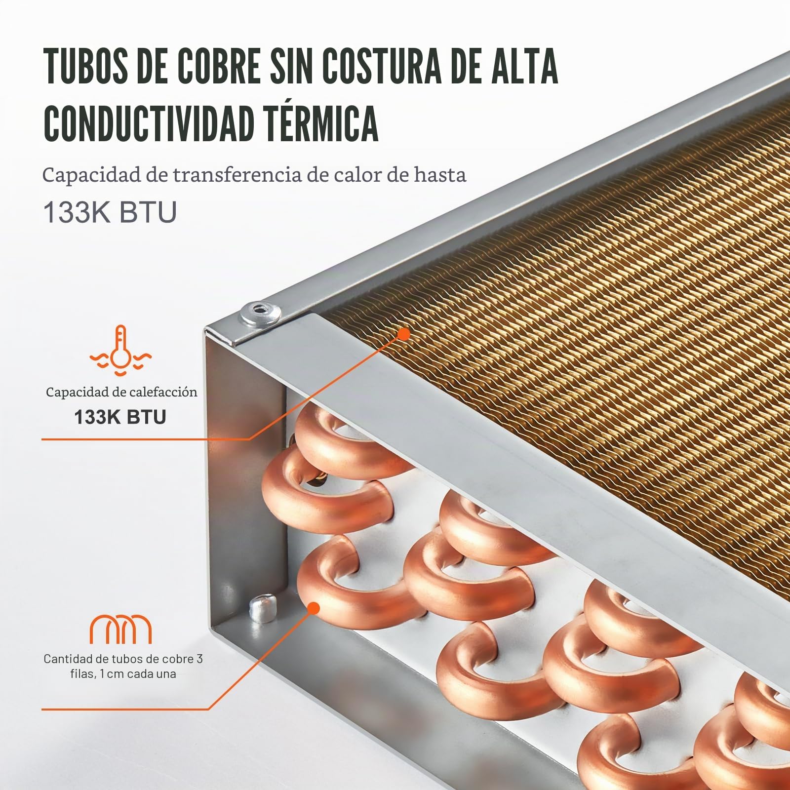 VEVOR Intercambiador de Calor Agua a Aire con Puertos de Cobre de 3 Filas, 242 Aletas de Aluminio para Hornos de Madera al Aire Libre, Calefacción y Refrigeración Residencial, 650 x 458 x 92 mm