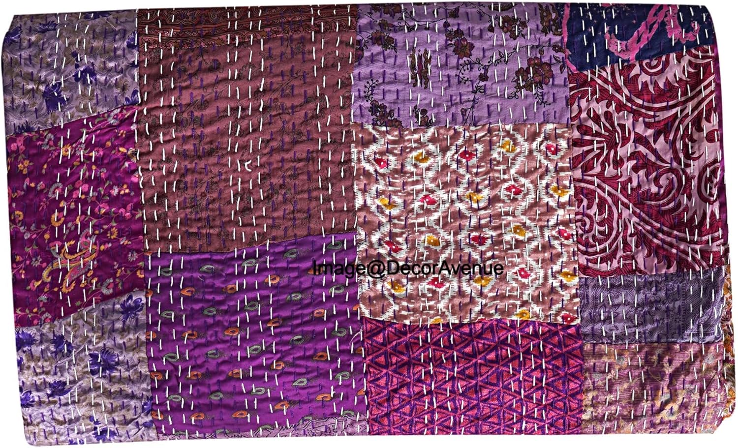Patchwork Kantha Quilt,Throw, Handmade Silk Bed Cover,Bedding Bedspread,Vintage Hand Stitch Gudri, Decorative Beach Blanket (Purple, Twin 60" x 90")