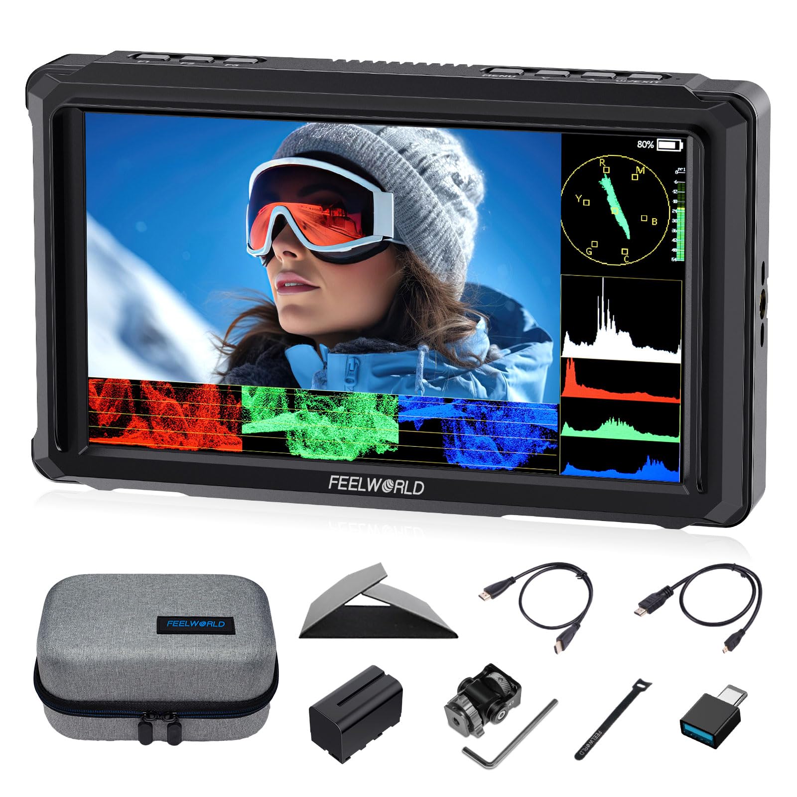 FEELWORLD FW568 Pro 6 Pulgadas 1200nit Alto Brillo Cámara Monitor de Campo con F750 4400mAh Batería y Bolsa, Custom 3D LUT 4K 60Hz HDMI en la Salida de Forma de Onda de Supervisión de Peso Ligero