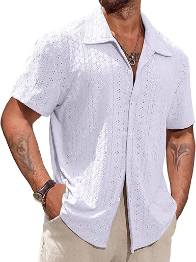 Vssjavun Mens Short Sleeve Button Down Shirts Casual Hollow Out Summer Beach Shirt