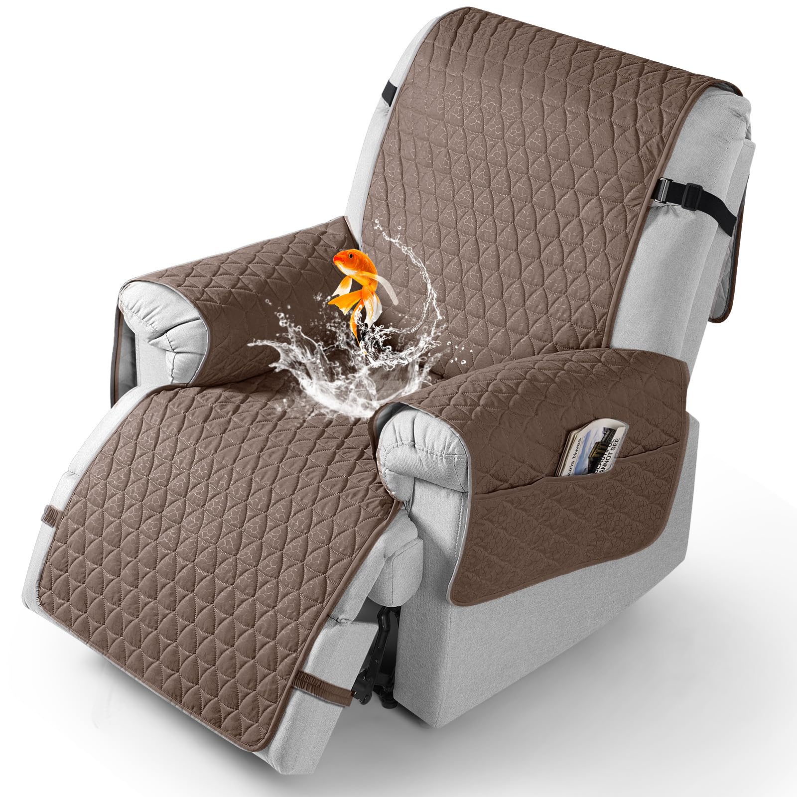 TAOCOCO 100% Waterproof Recliner Chair Covers, Non Slip Recliner Covers that Stay in Place, One-Piece Washable Reclining Chair Cover with Elastic Straps, Brown, Fits 22" Seat Width