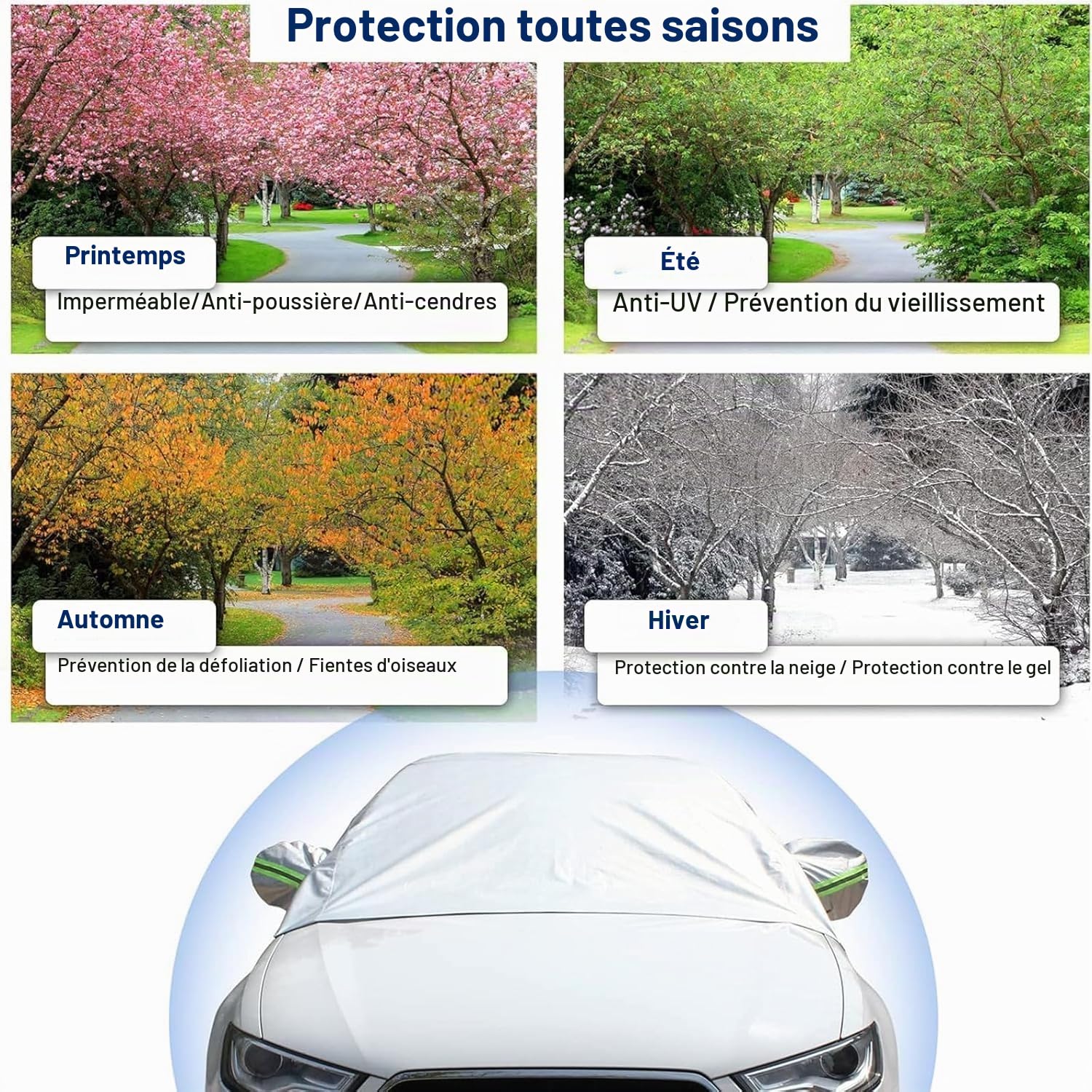 Housse pour Voiture Exterieur, Demi Bâche voiture Housse de Protection Auto, Couverture de voiture Imperméable, Coupe-Vent, Anti-UV, Soleil, Pluie, Poussière, Ajustement Universel pour Berline