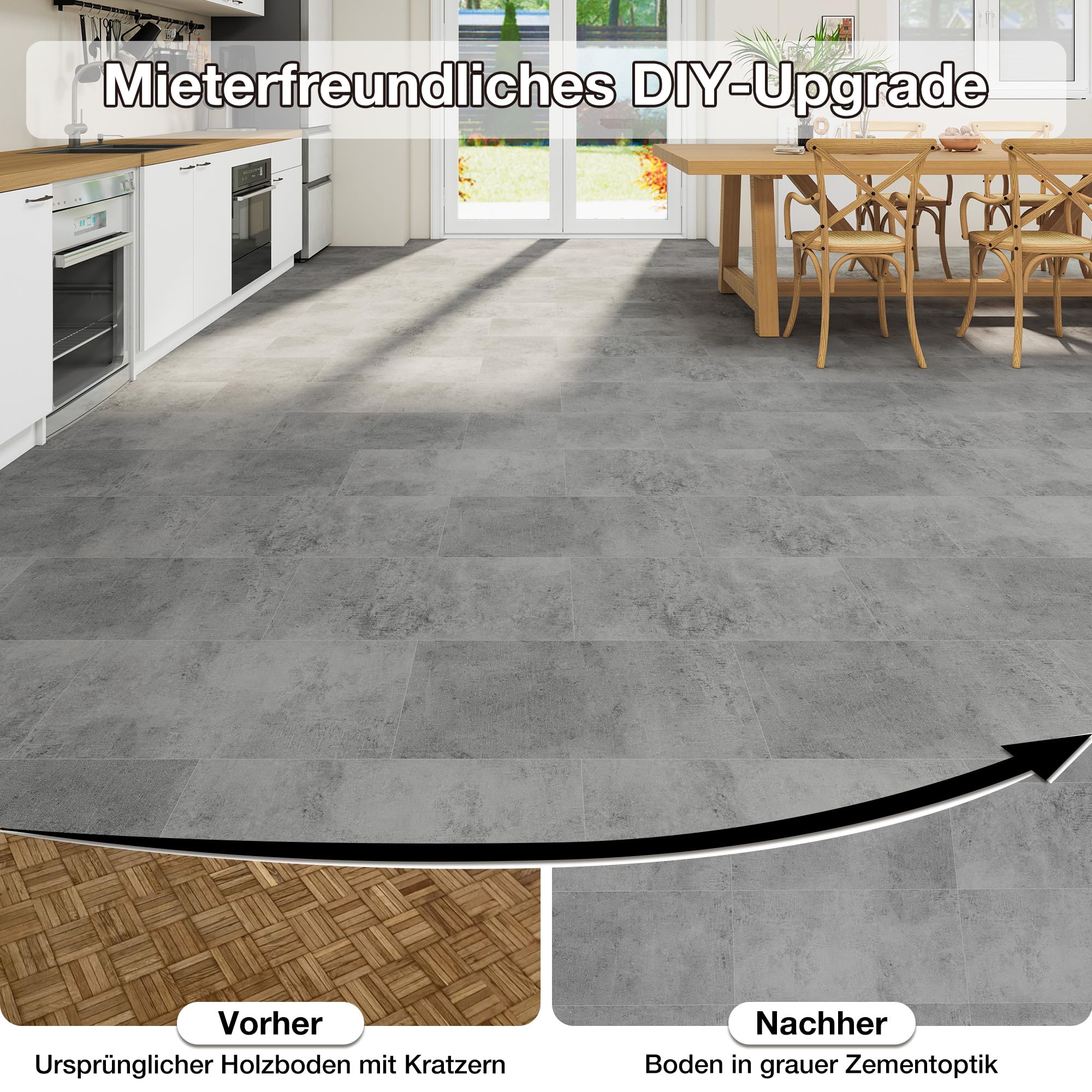 Mulgreat - PVC Bodenbelag Galena - Selbstklebende Vinyl-Fliesen - Vinylboden - Betoneffekt - Grau- 60,96 cm x 30,48 cm x 1,5 mm - Dicke 1,5 mm - 2.23m² / 12 Fliesen