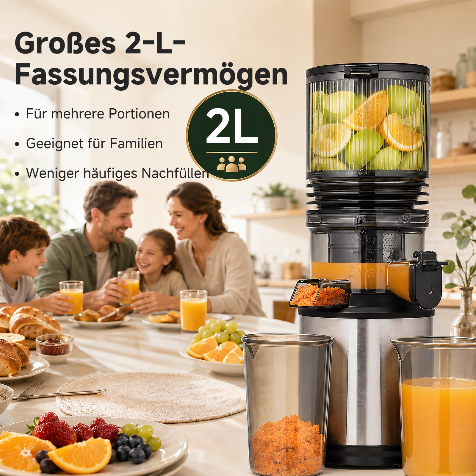 AMZCHEF Entsafter - Slow Juicer mit 158 mm großem Einfüllschacht für Ganze Gemüse und Obst, leicht zu reinigen, Kaltpress-Entsafter mit Saft- und Tresterbecher, hohe Saftausbeute, Silber/Schwarz