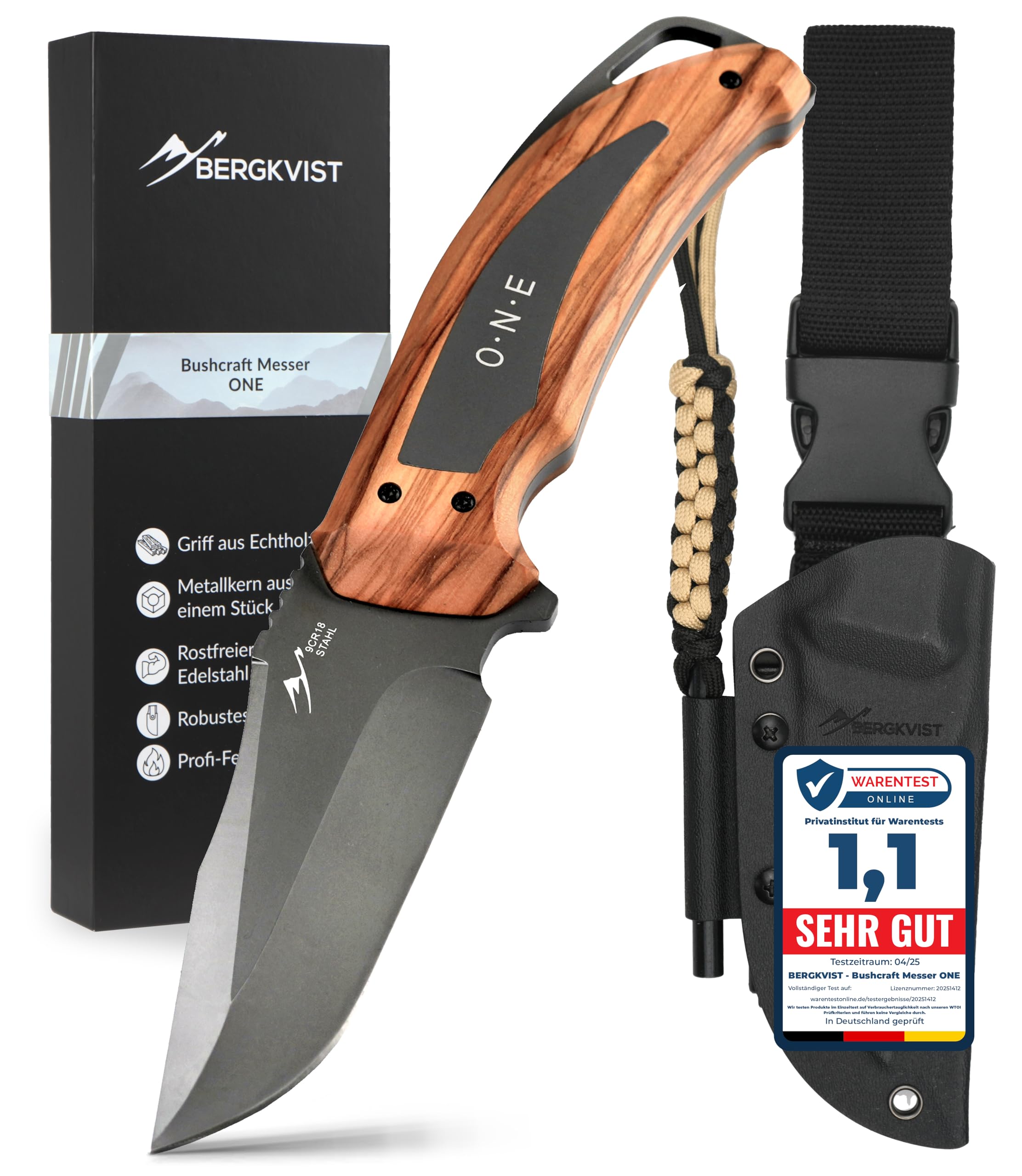 BERGKVIST® Bushcraft Messer ONE mit feststehender Full Tang Klinge (9,7 cm) - Mitführen in Deutschland erlaubt - Survival Messer für Outdoor mit Echtholz-Griff, Holster, Feuerstahl & mehr