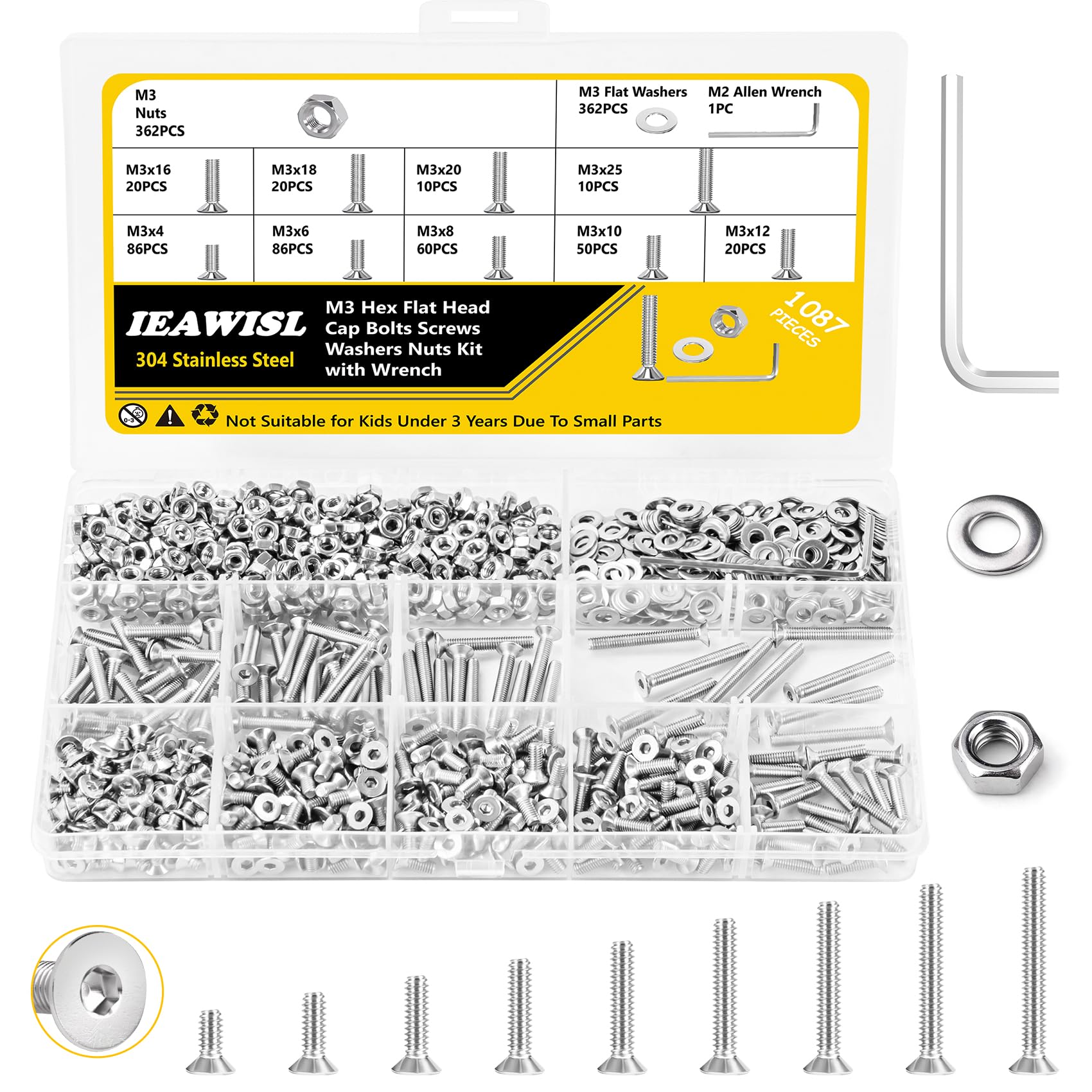 1087 Pcs M3 Screws Set, Countersunk Bolts and Nuts, Stainless Steel Flat Head Screws Bolts Washers for Repair and DIY, Machine Screws Bolts with Wrench