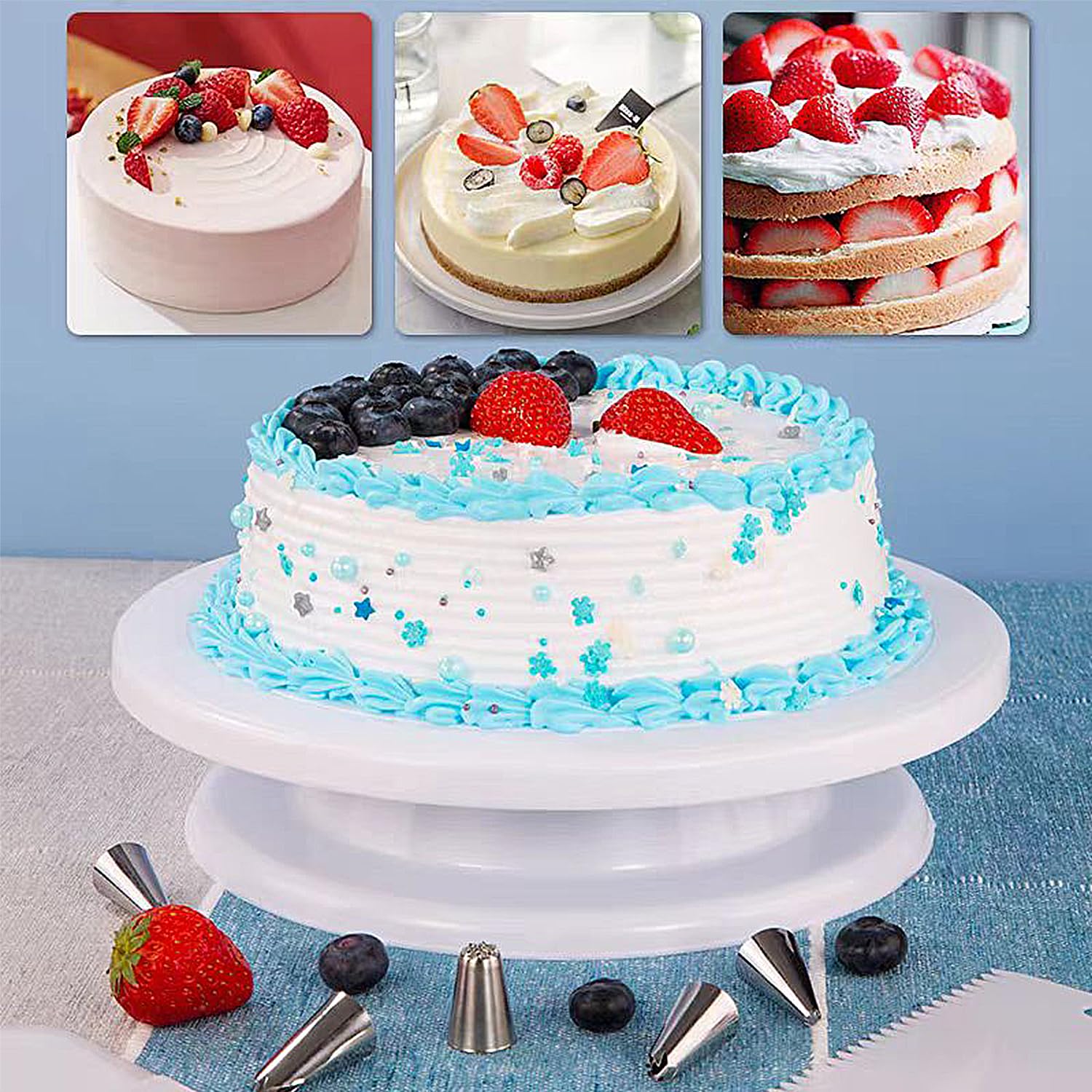 32-teiliges Kuchendekorationsset, Backzubehör-Set mit Kuchen-Drehteller, 24 Spritztüllen, 3 Schaber, 2 Spatel, 1 Verbindungsstück und 1 wiederverwendbarer Spritzbeutel