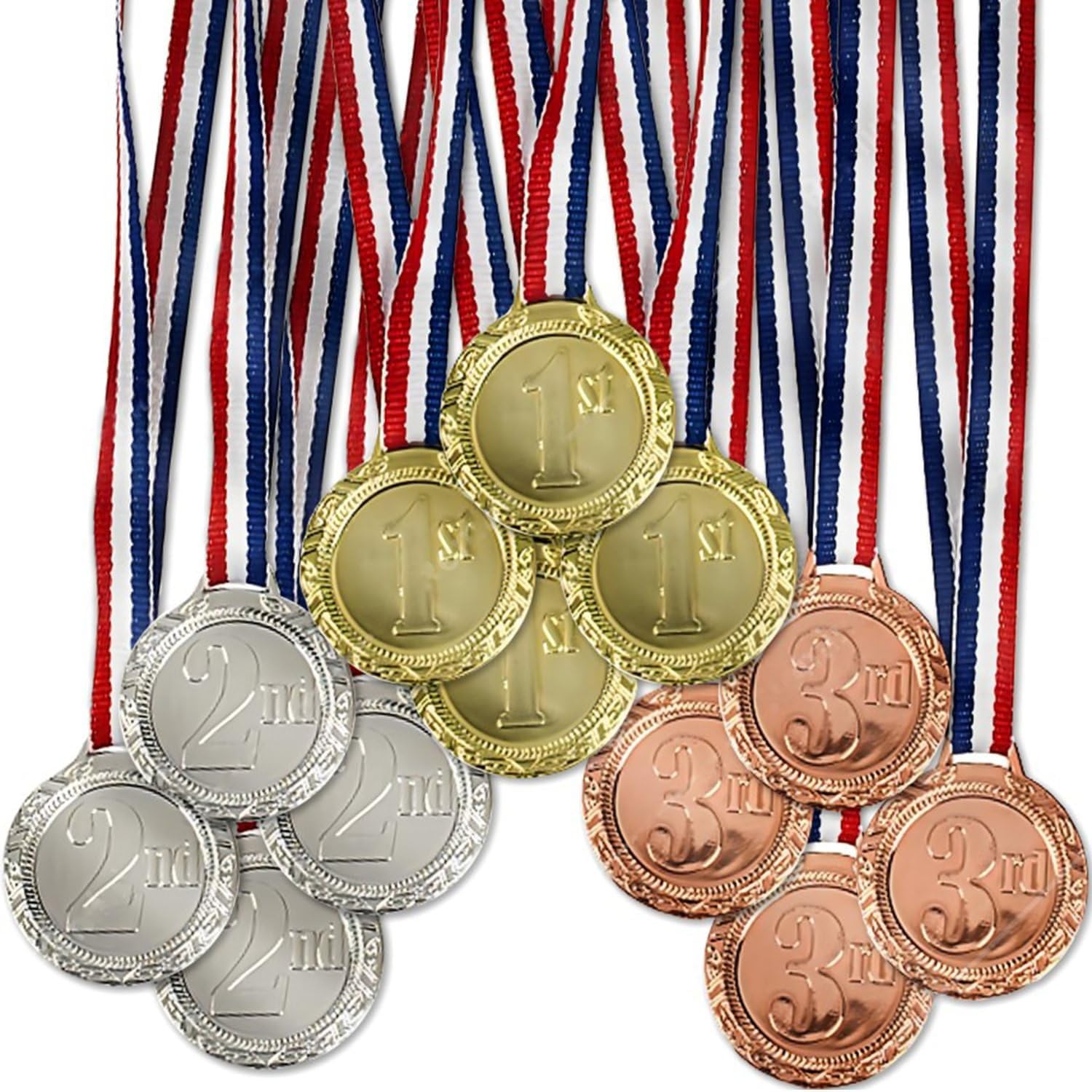Fun Express 1st, 2nd & 3rd Place Plastic Award Medals with Striped Ribbon - Winner Awards with Neck Ribbon - Valentine's Day Party Favors - 12 Pieces
