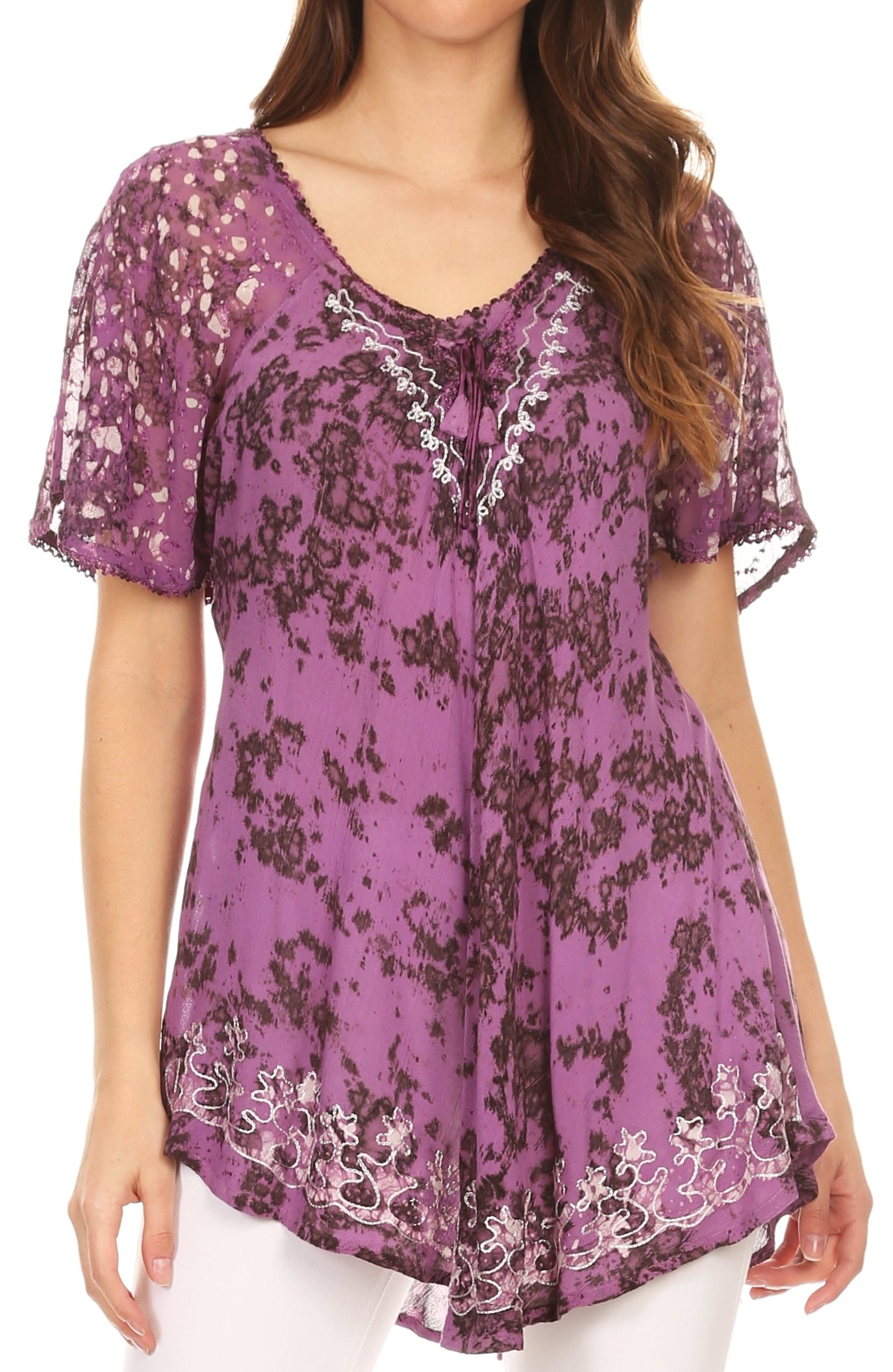 Sakkas Ash Speckled Tiedye Embroidered Cap Sleeve Blouse Top with Embroidery Hems