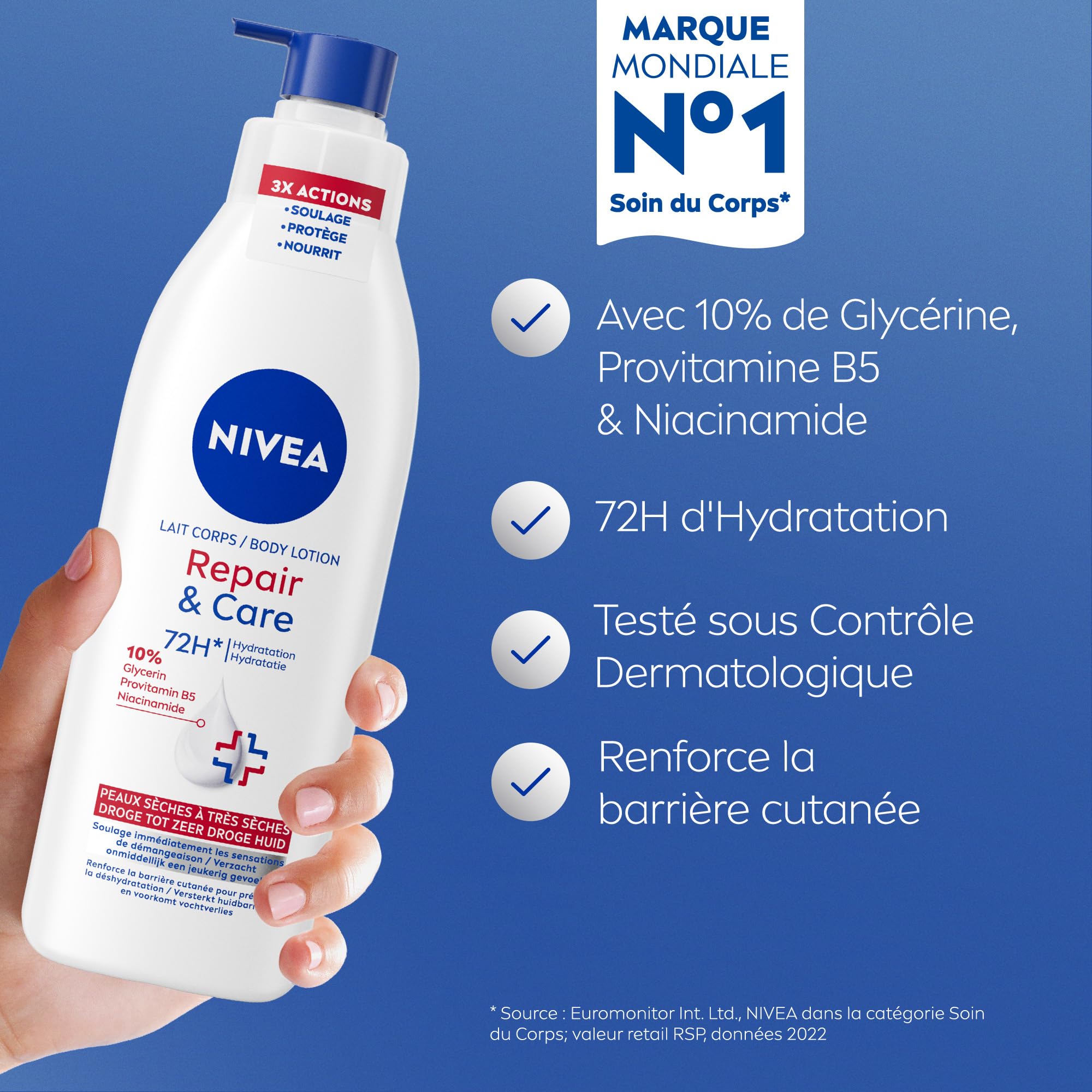NIVEA REPAIR & CARE Lait Réparateur Corps Peaux Très Sèches (1x 250 ml) - Lait Corps Hydratant à la Glycérine, Provitamine B5 & Niacinamide - Crème Hydratante peaux rugueuses extra sèches