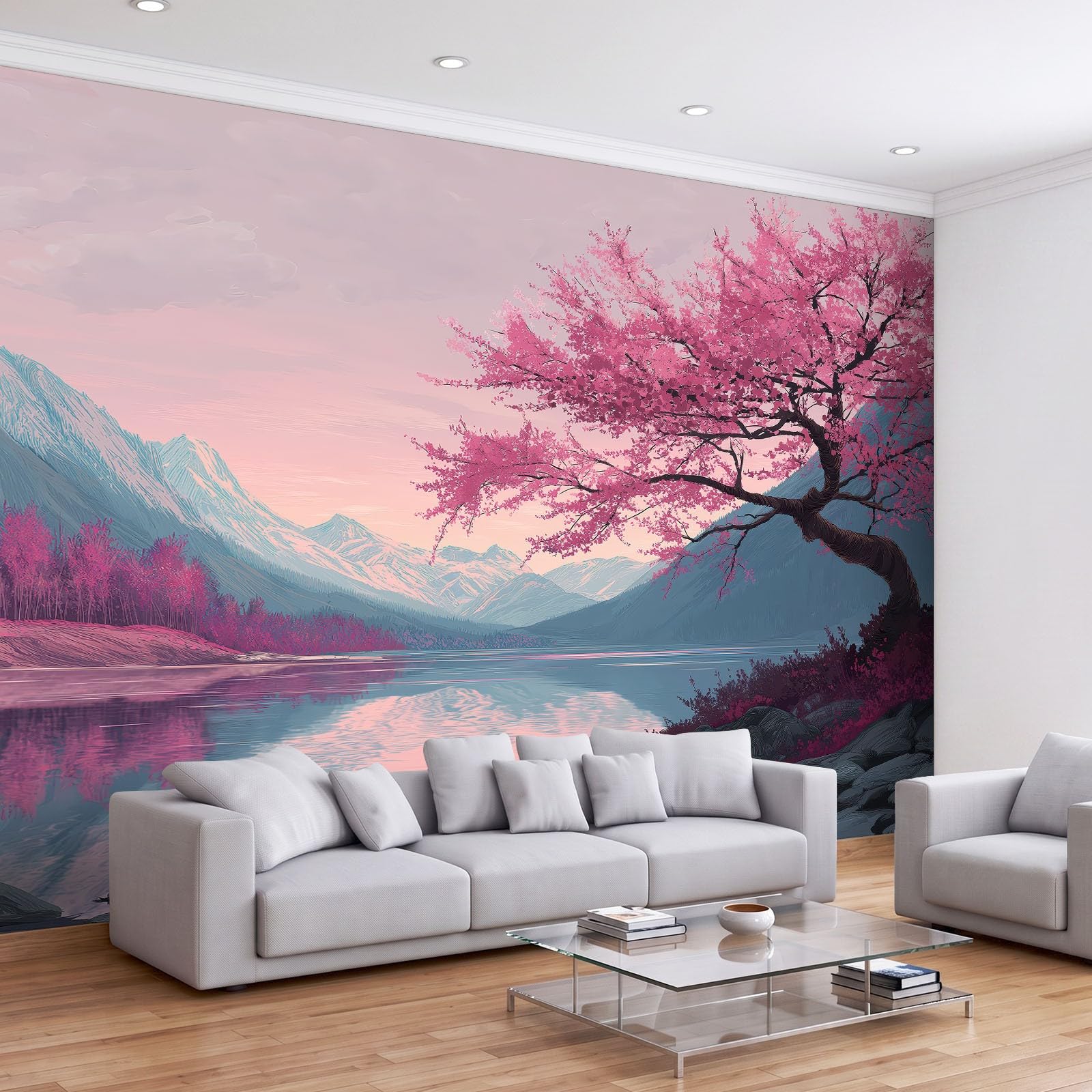 Fototapeta z efektem 3D, krajobraz, jezioro, drzewa wiśni, kwiaty, różowa, tapeta 200 x 140 cm, tapeta z włókniny, nowoczesna tapeta ścienna, salon, sypialnia, pokój dziecięcy, dekoracja ścienna