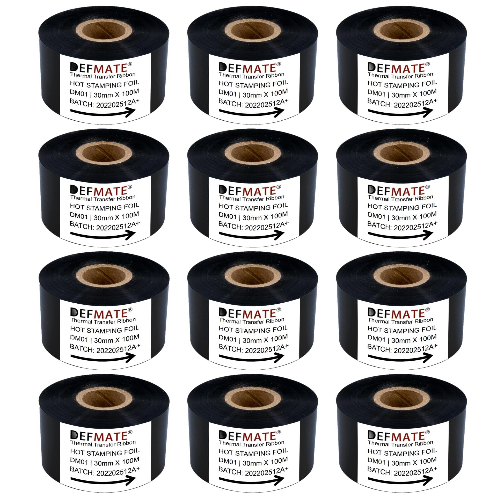 Date Coding Foil/Ribbon, 1.18'' x 328' (30mm x 100m) Black Thermal Transfer Hot Stamping Ribbon/Foil, Black Color Ribbon for Coding Machine (Black-12Pcs)