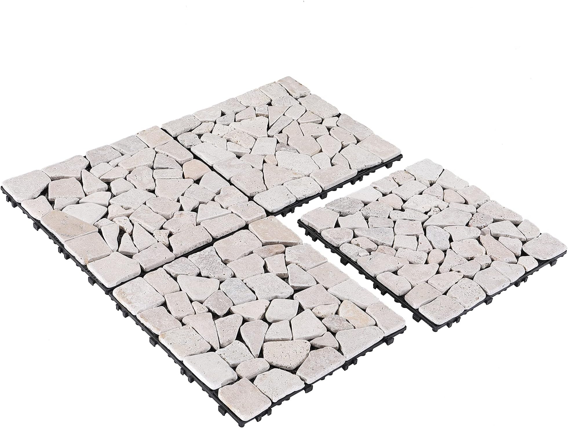 PURE ERA Marble Pebble Deck Patio Floor Tiles (4-Sheets) 12”x12” Interlocking Indoor and Outdoor Use Tile Natural Stones Quick and Easy Installation 4 sq. ft (4, Sliced Tan)