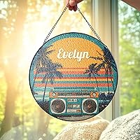 Vista 4 de Retro Boombox Suncatcher with Custom Name, Vintage Style Music Sun Catcher for Windows, Personalized Sunset Scene Window Hanging, Gifts for Music