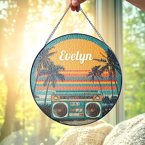 Miniatura 4 de Retro Boombox Suncatcher with Custom Name, Vintage Style Music Sun Catcher for Windows, Personalized Sunset Scene Window Hanging, Gifts for Music