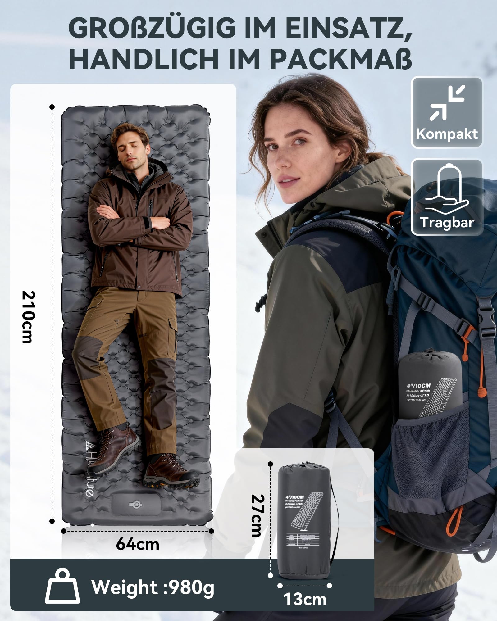 HIKENTURE Isomatte Camping R Value 7,3 z pompką nożną, 10 cm, bardzo gruba izolująca mata do leżenia 210 x 64 cm, ciepła mata do spania, materac dmuchany, mały rozmiar opakowania na 4 pory roku, na