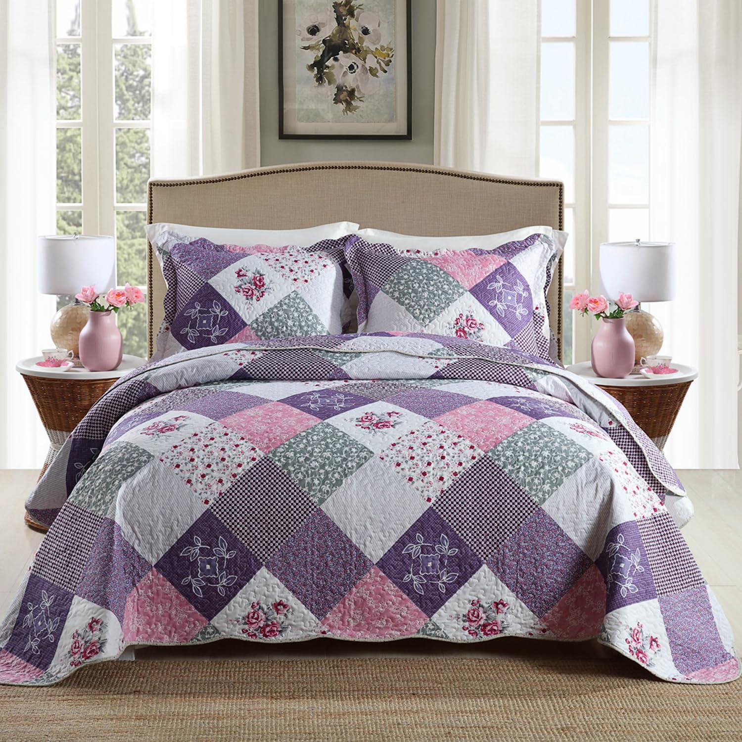 Qucover Quilted Bedspreads King Size 230x250, Soft Pylo-Cotton Patchwork Bedspread with Purple Floral Patchwork Pattern, Checkered Quilt Bed Throw with 2 Pillowcases