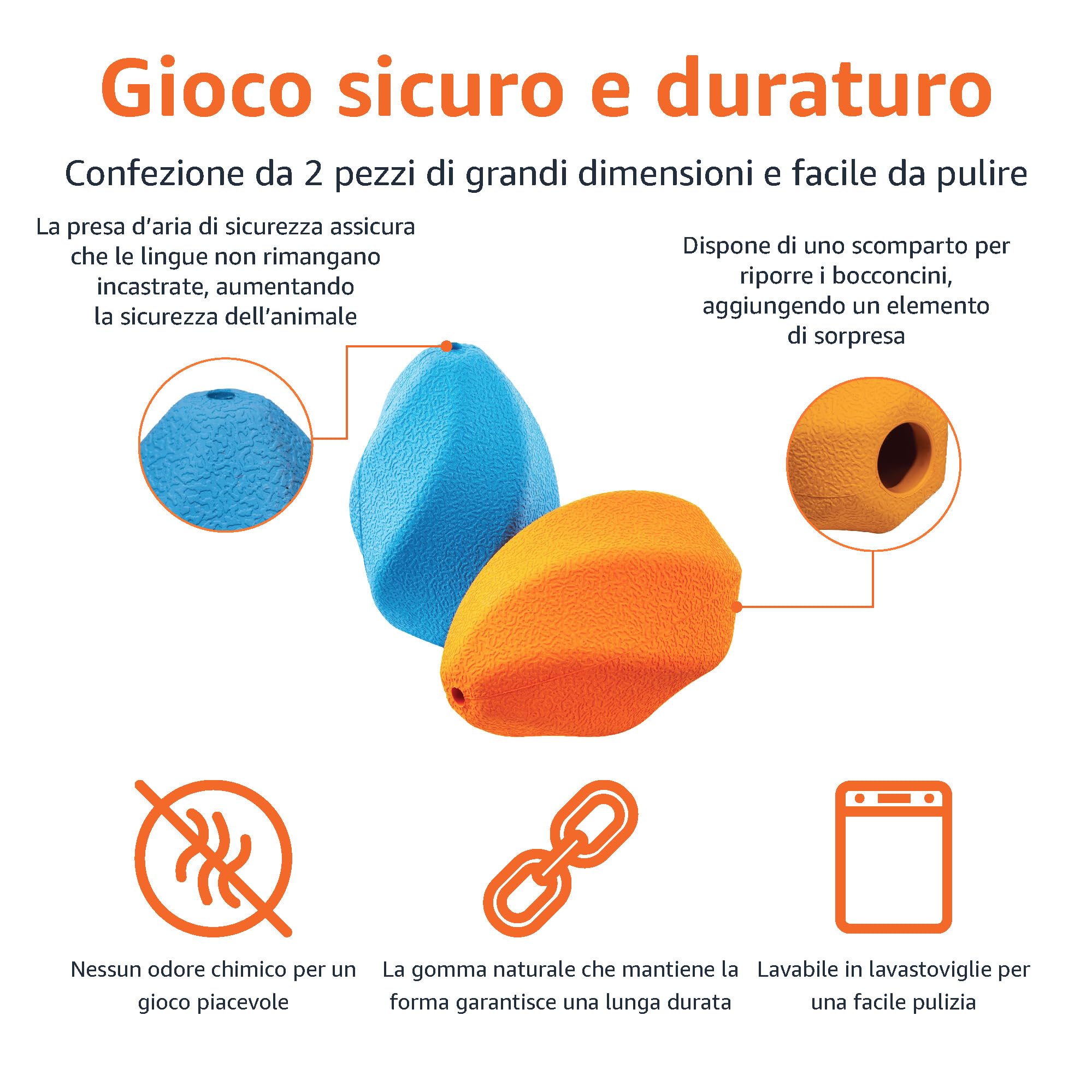 Amazon Basics Giochino da masticare che eroga snack per cane, confezione da 2, misura grande, Arancione, Blu