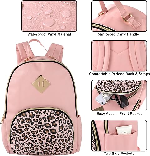 Vista 2 de Emma & Chloe Mochilas de vinilo impermeables para viajar y viajar al trabajo, Pink Leopard, Mochila casual