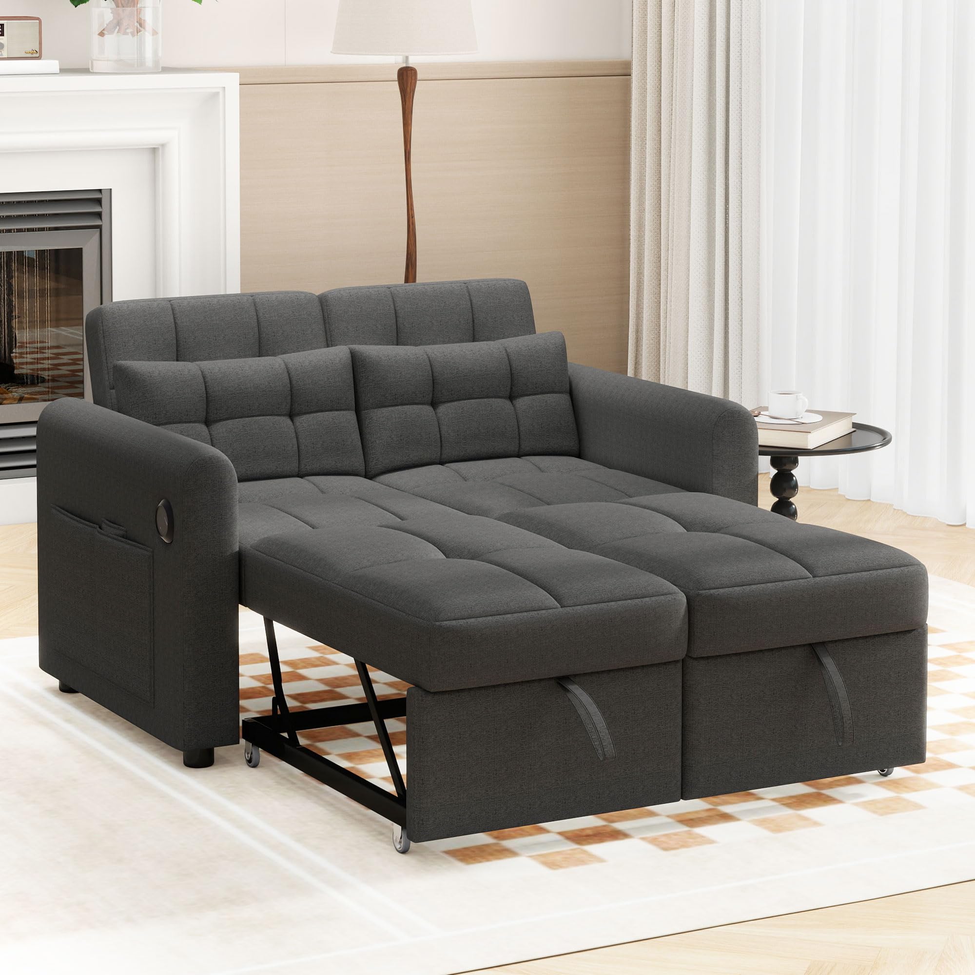 Azkoeesy Divano letto allungabile a 2 posti con funzione letto, larghezza 140 cm, con stazione di ricarica USB, schienale regolabile, 2 cuscini, tasca laterale, adatto per soggiorno, camera da letto