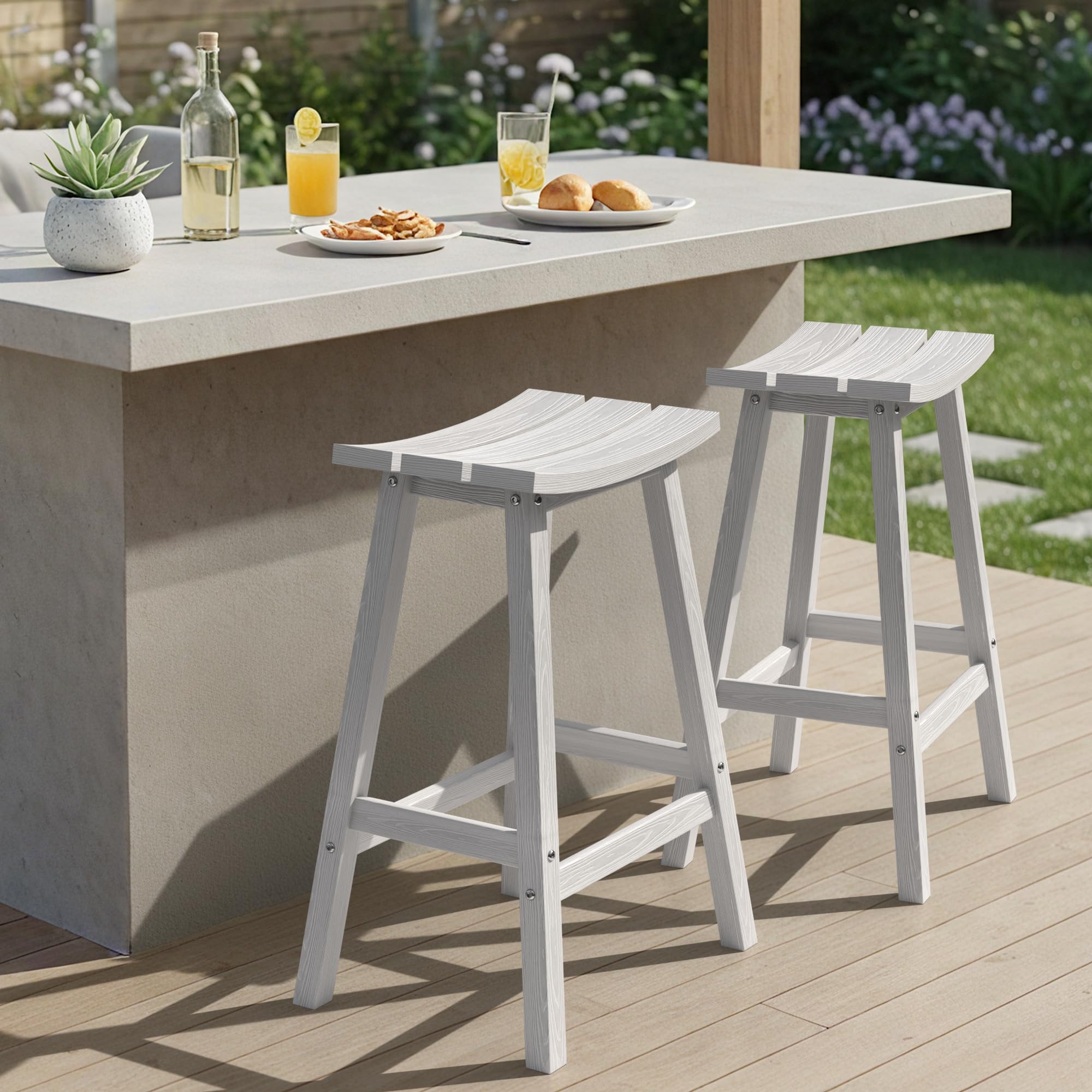 Ciokea 29" Outdoor Bar Height Stools Set of 2, HDPE Tall Seats, White
