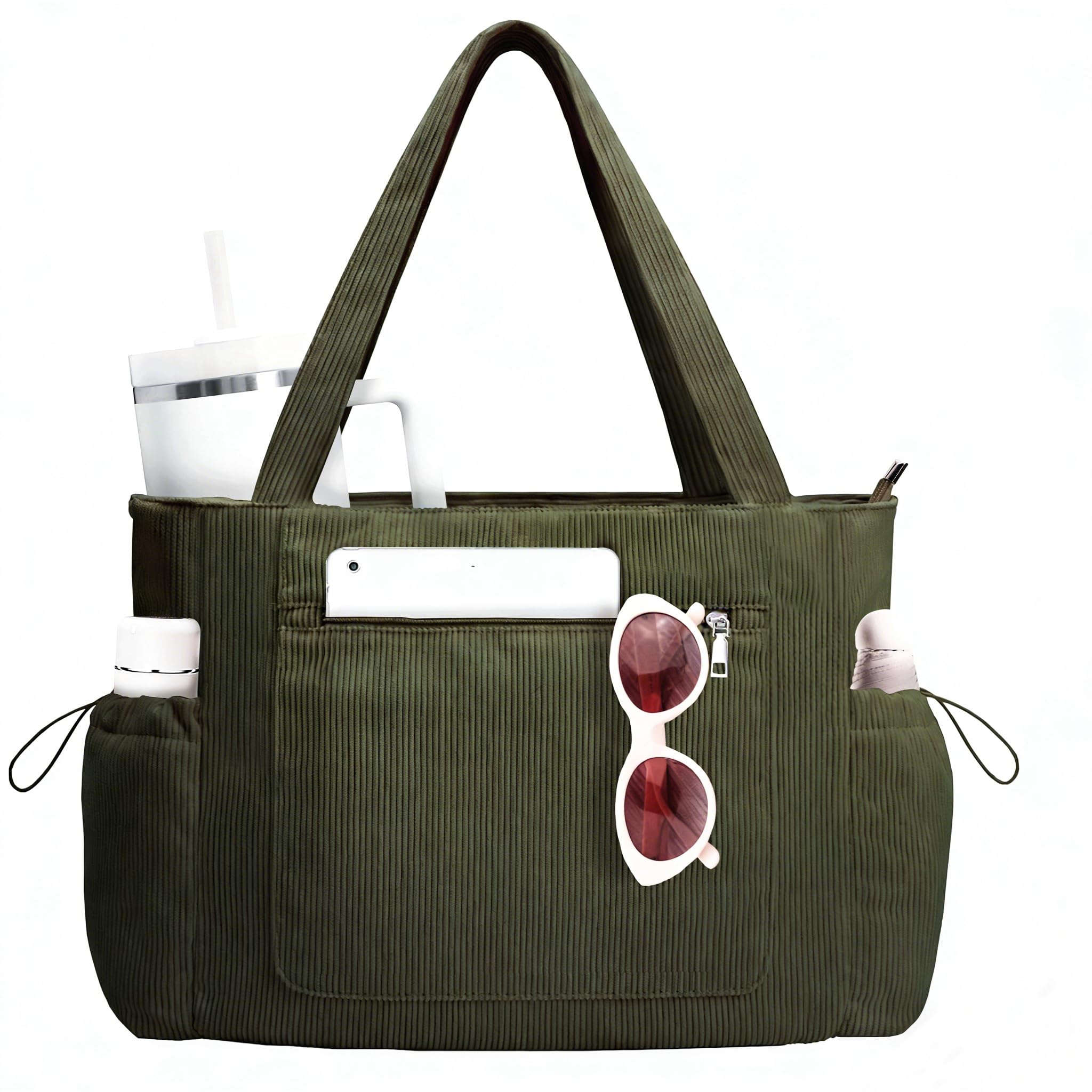 Tote Bag for Women Large Corduroy Tote Work Bags with Compartments Shoulder Bag Handbag for Travel Teacher Nurse