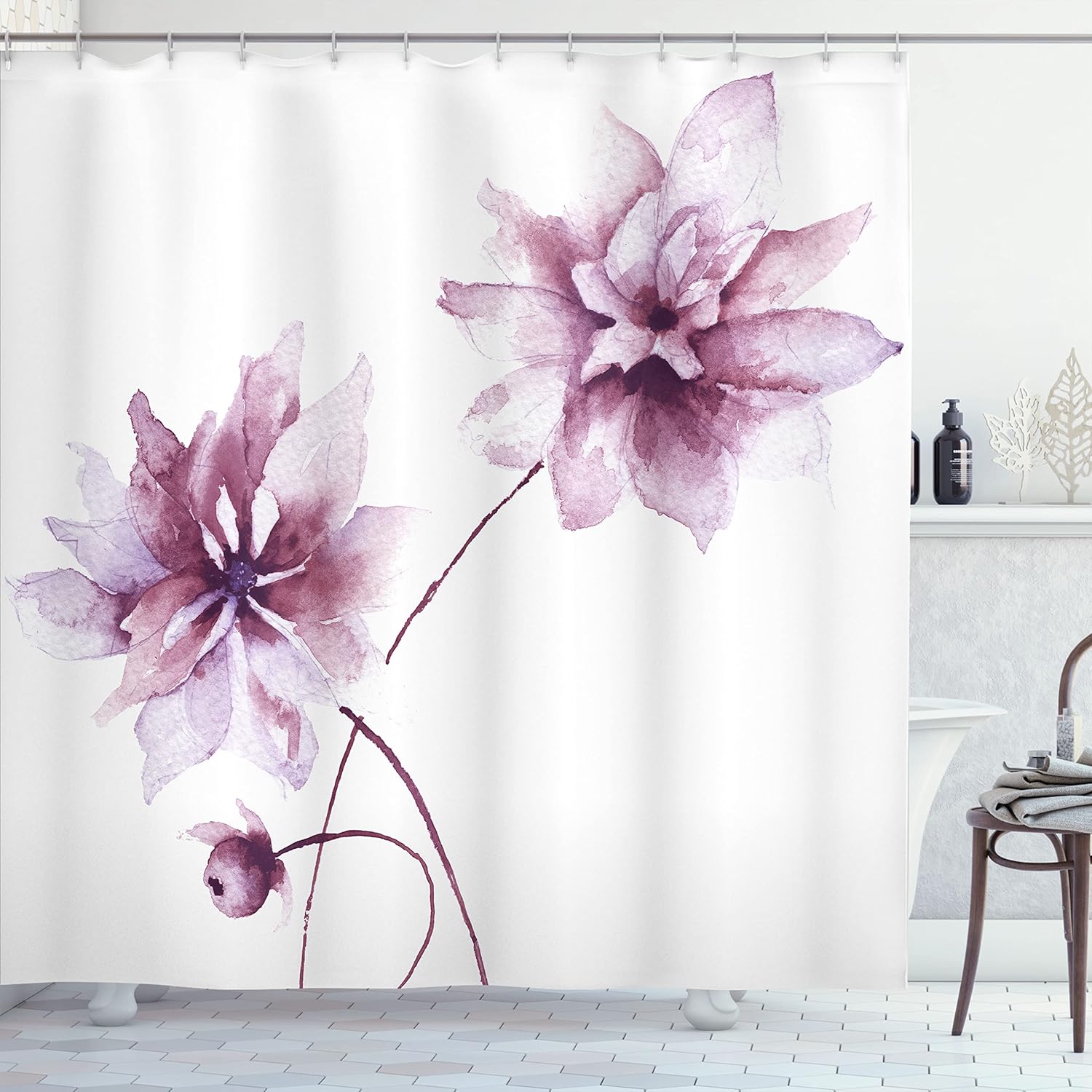 Ambesonne Watercolor Flower Shower Curtain, Flora Drawing Soft Spring Colors Retro Style Floral Artwork, Cloth Fabric Bathroom Decor Set with Hooks, 69" W x 70" L, Pale Fuchsia