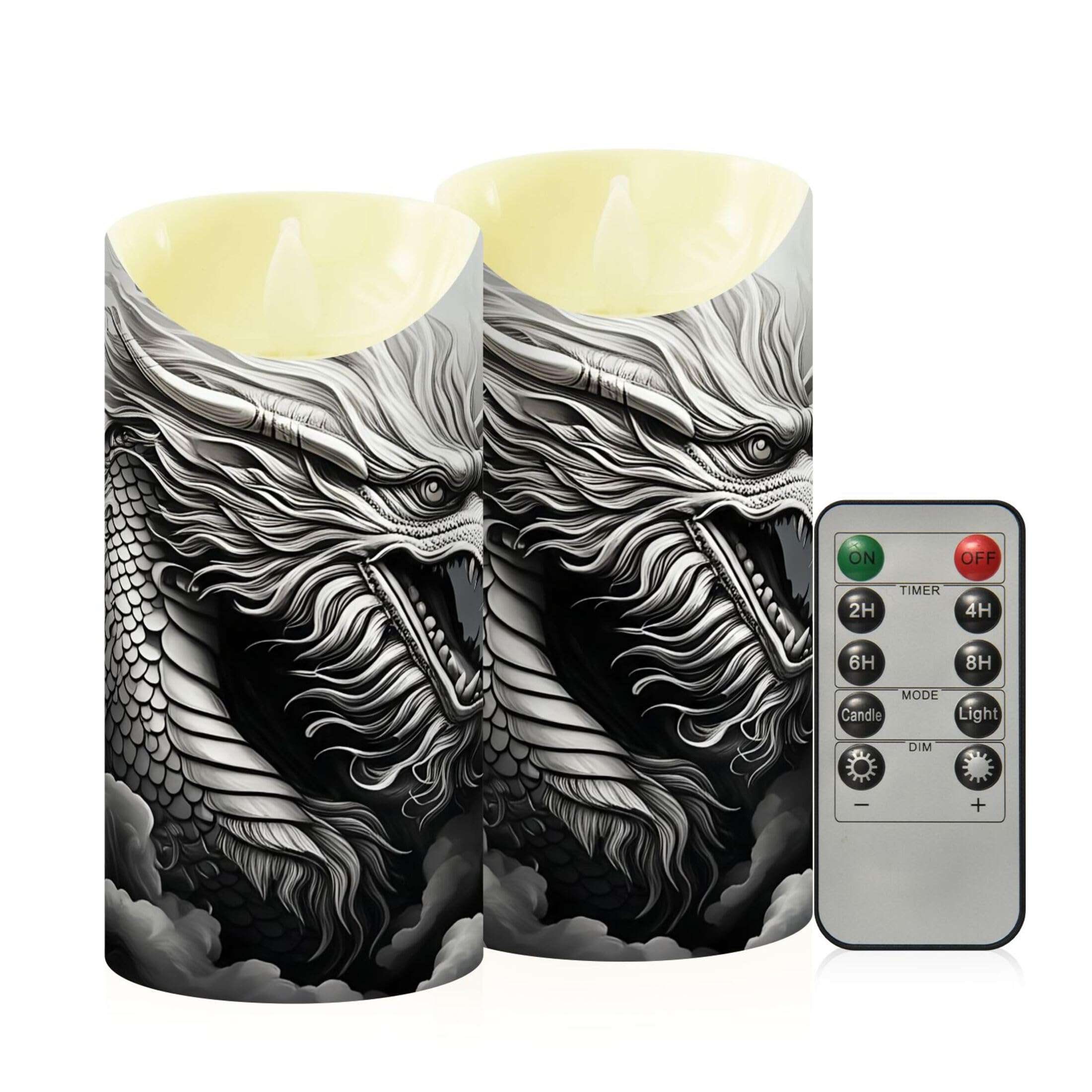 Kutsu Asian Dragon Flameless Candles Set of 2, Battery Operated LED Flickering Candles with Remote and Timer, Plastic Pillar Candles for Home Wedding Decor