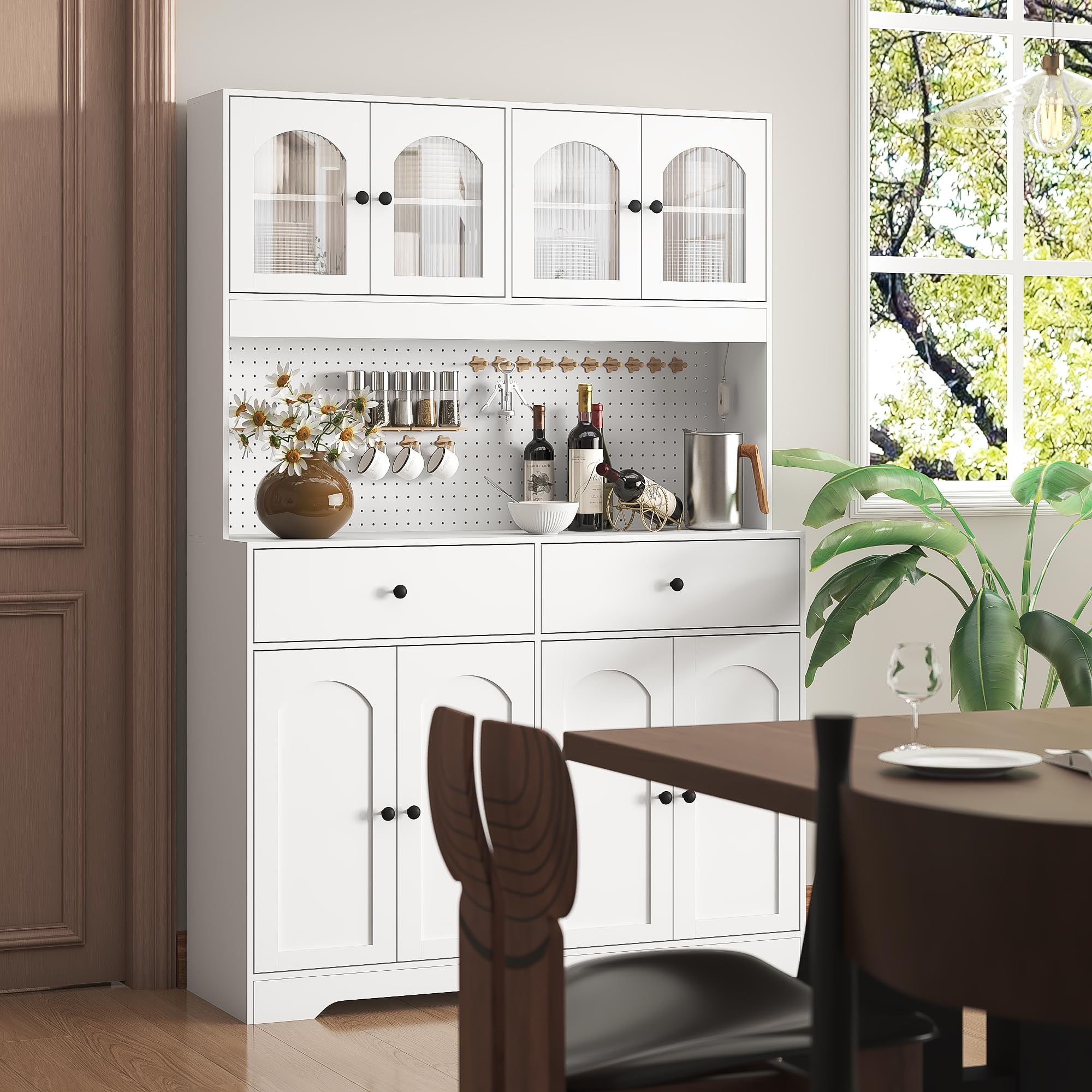 70" Pantry Cabinet with Pegboard, Kitchen Pantry Storage Cabinet with Shelves &amp; Drawer, Adjustable Shelves, LED Light &amp; Power Outlets for Dining Room (White)