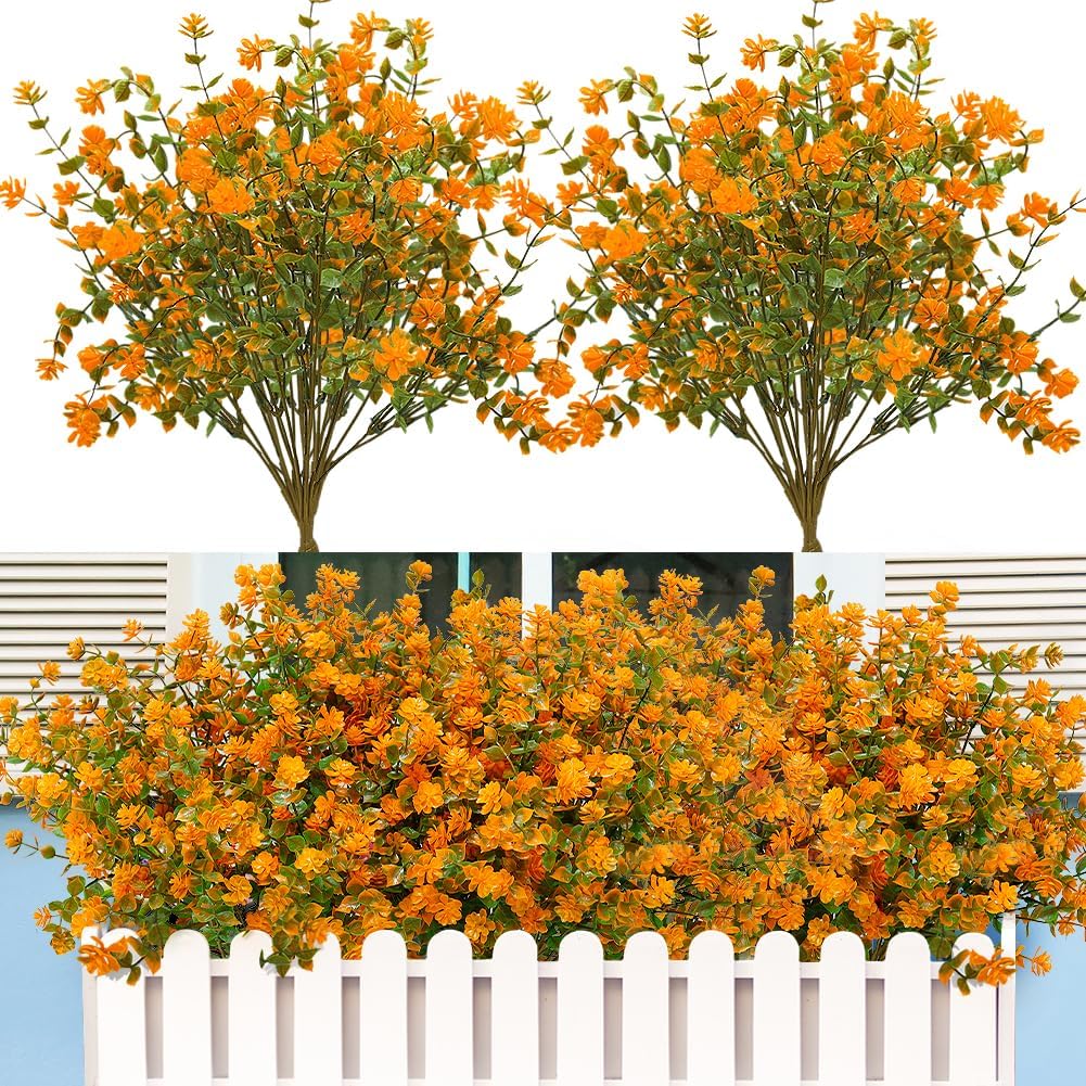 12 Bundles Artificial Flowers for Outdoor Autumn Decoration Plastic Eucalyptus Flower UV Resistant Orange Faux Flowers for Outside Porch Patio Yard Window Box Pot Planters Decor