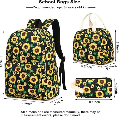 Miniatura 4 de Mochila escolar para niñas, niños y adolescentes, juego de bolsas escolares con bolsa de almuerzo, bolsa para lápices, Girasol, Classic