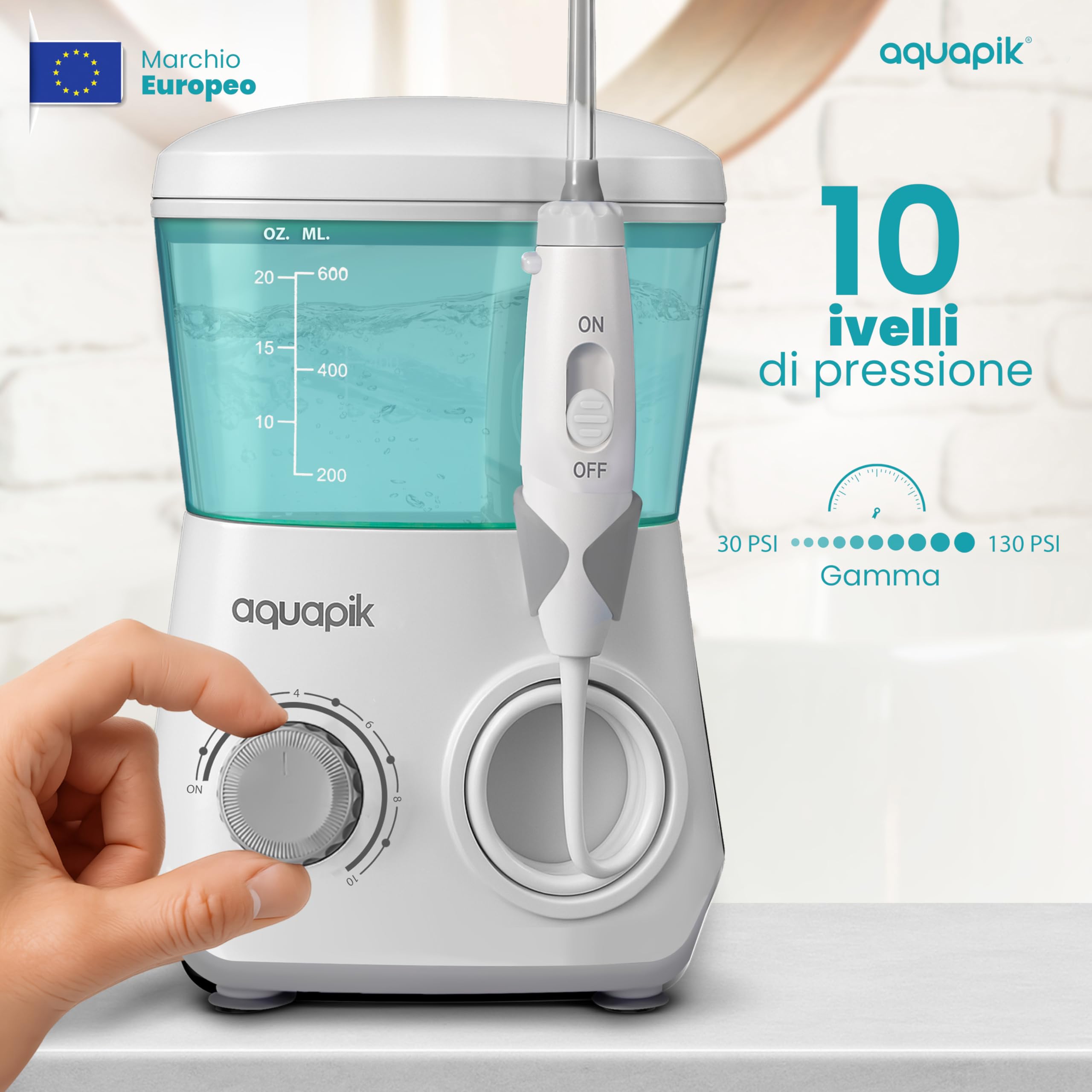Aquapik® Hydropulseur Advanced Irrigateur buccal Idéal pour l'orthodontie, les implants et les gencives sensibles Kit blanchissant + 10 buses | 10 niveaux de pression