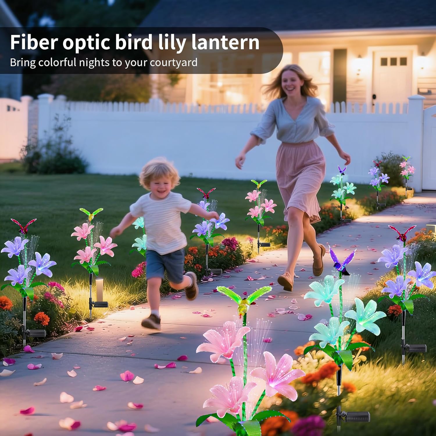 Solar Lights Outdoor Decorative, Upgraded 3 Pack Flowers with 7 Color Changing Lilies and 3 Hummingbird, Brighter Waterproof Garden Decor for Yard Lawn Pathway, Mom Women Grandma