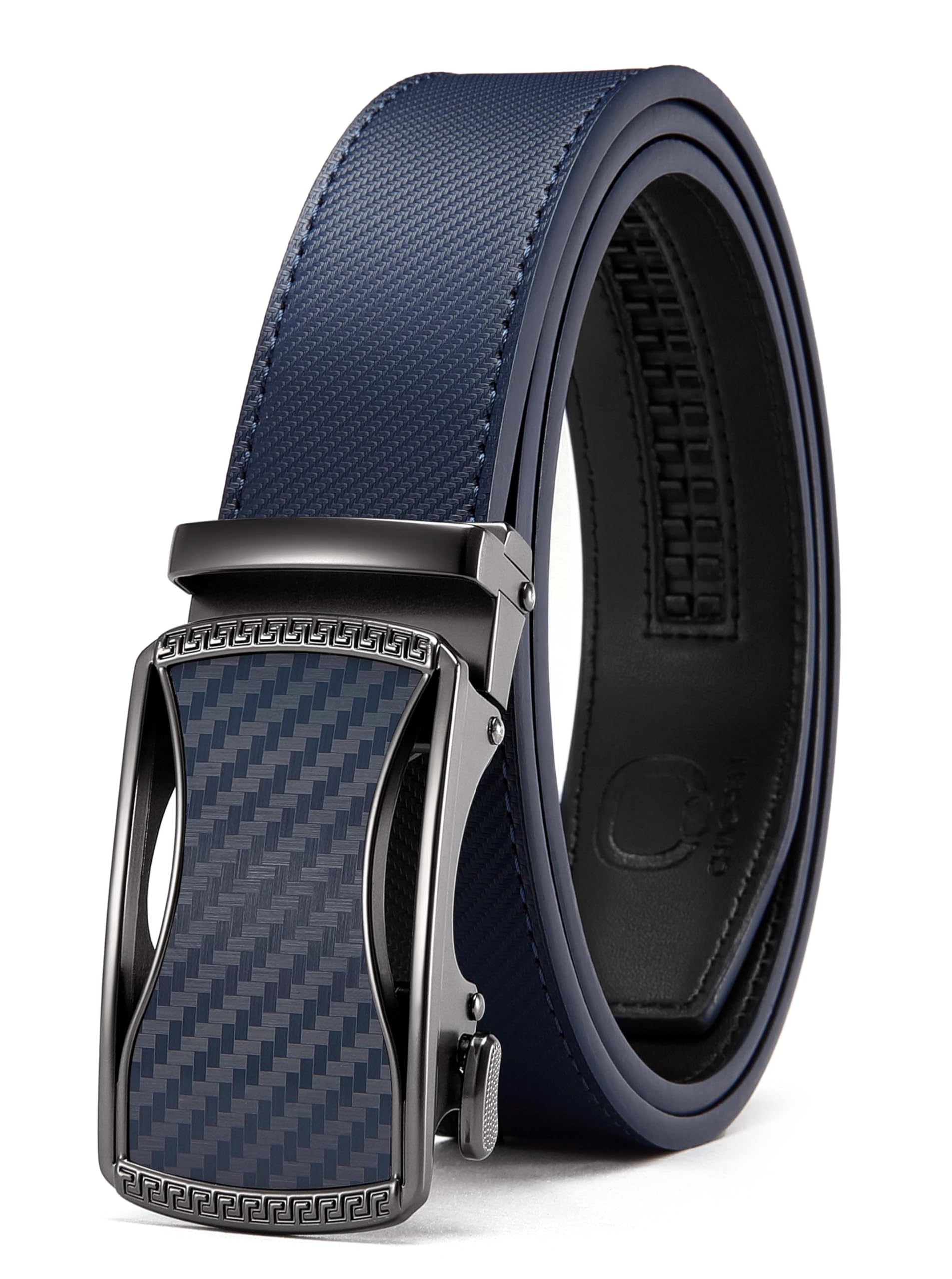 CHAOREN Men's Leather Ratchet Belt - Customizable Fit (35mm) | Smooth Sliding, Precise Micro‑Adjust, Trim to Fit, Dress & Casual Wear, Gift Box Curved Carbon Fiber / Blue 36" to 42" Waist Adjustable