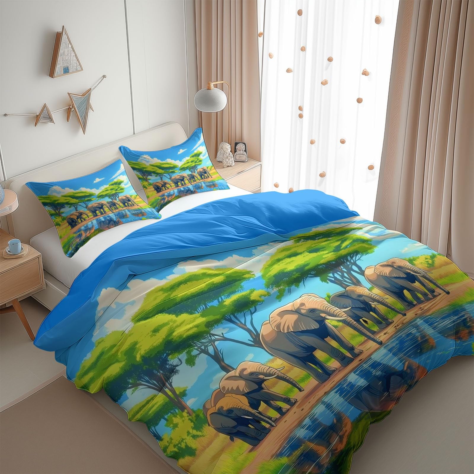 Juego de Funda Nórdica Cepillado Cama 105-200 x 200 cm Animal De Pradera Elefante, Ropa de Cama Reversible y Acogedora Azul Celeste, Fundas de Edredón Dormitorios de Niños