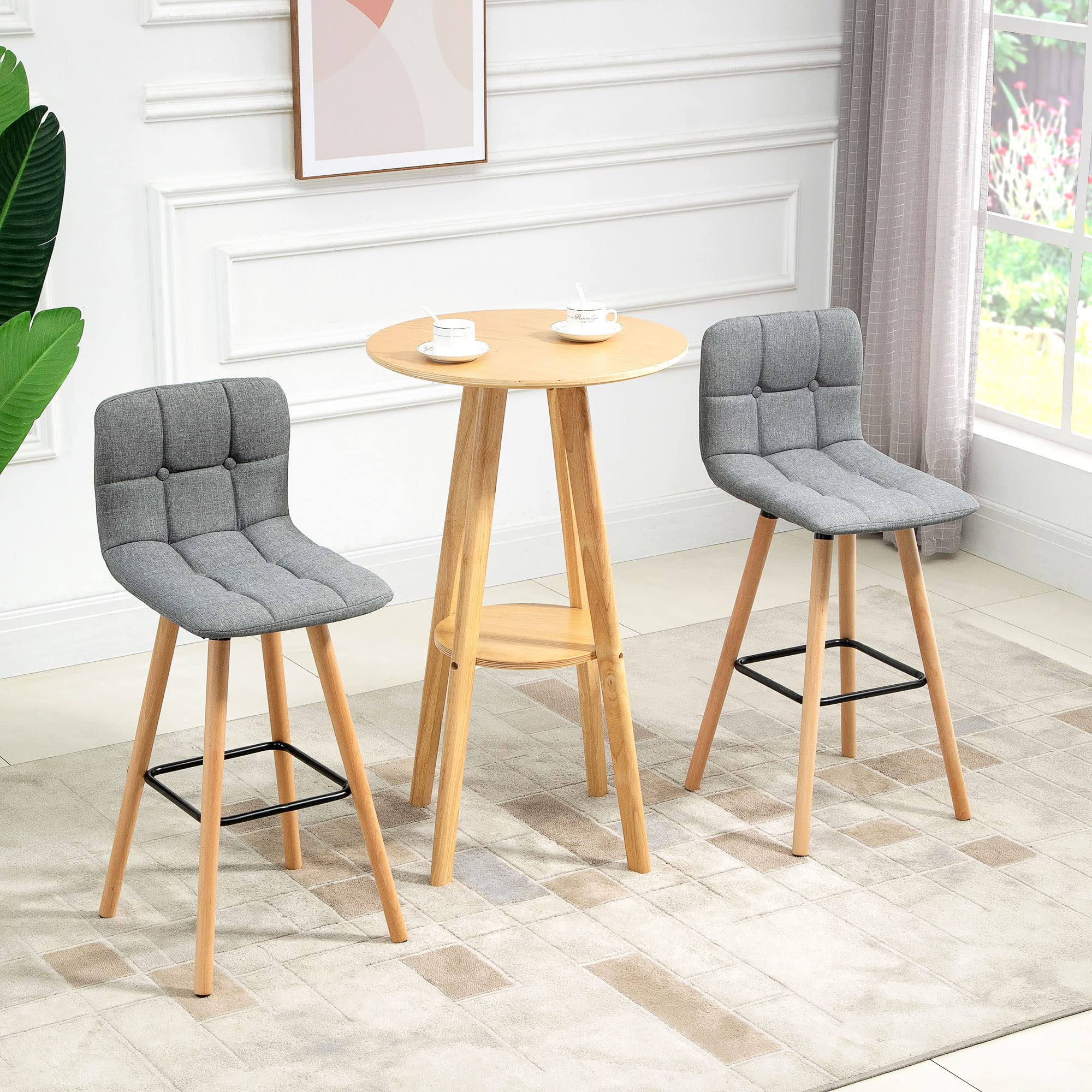 HOMCOM Lot de 2 Tabourets de Bar Dossier Pieds Bois Assise 70,5 cm Gris