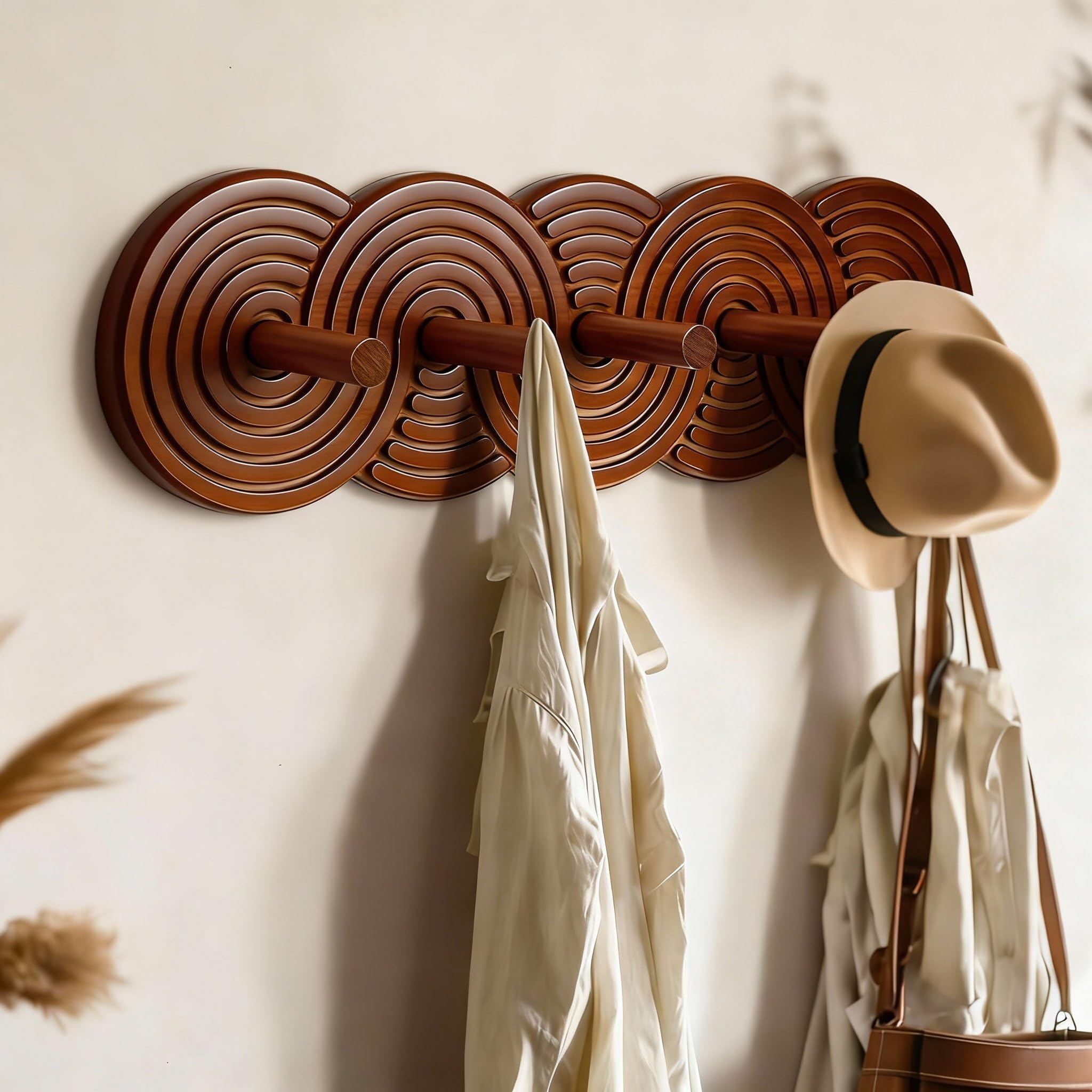 wood wall coat rack wall mount mid-century modern wooden coat rack art decor entryway organize walnut color hanger with 5 hooks for farmhouse hanging coats keys hats robe towels plants bag ( set of 2)