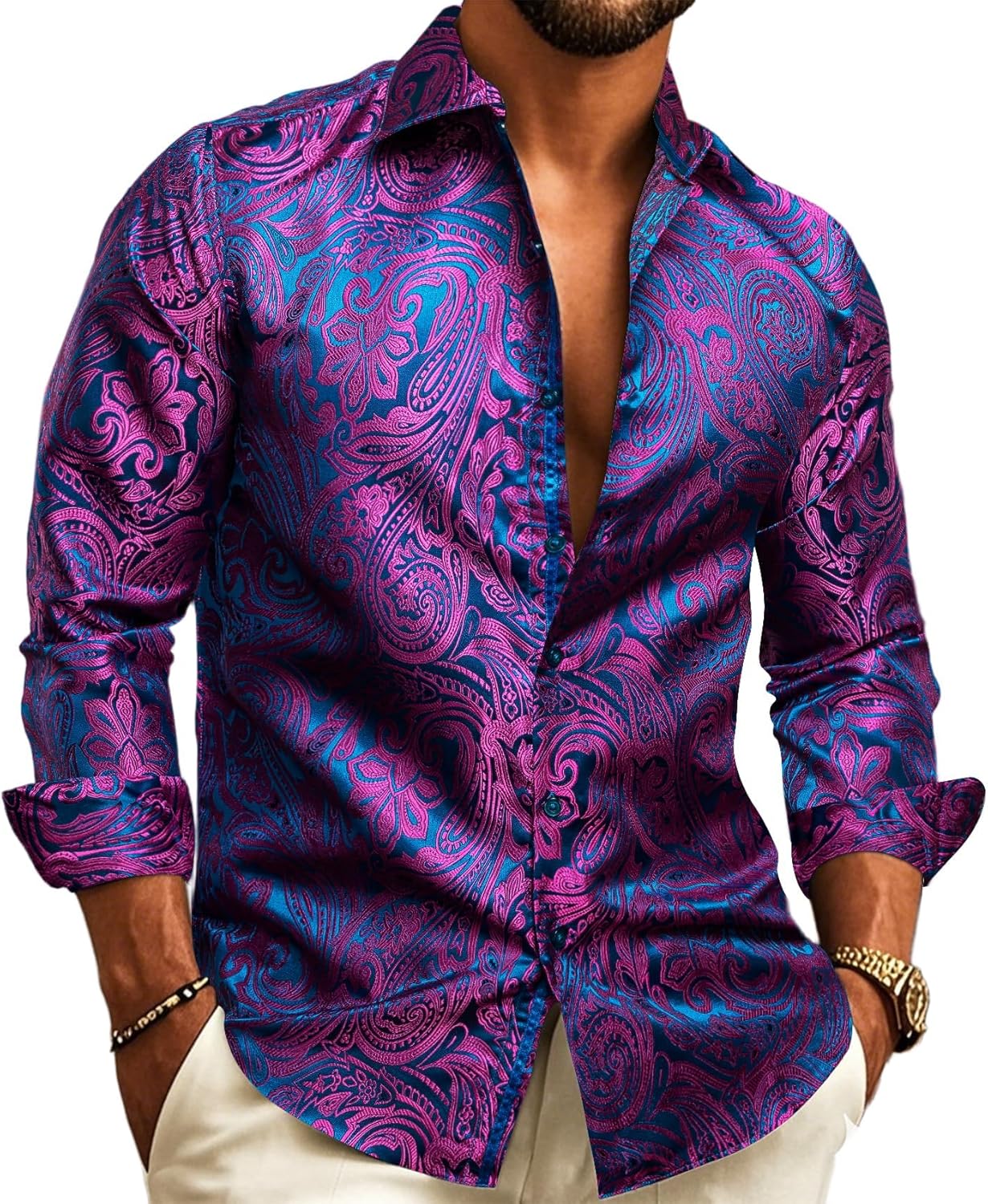 Barry.Wang Mens Western Shirts Silk Paisley Long Sleeve Button Down Dress Shirt Designer Mexico Cowboy Shirt Party Casual