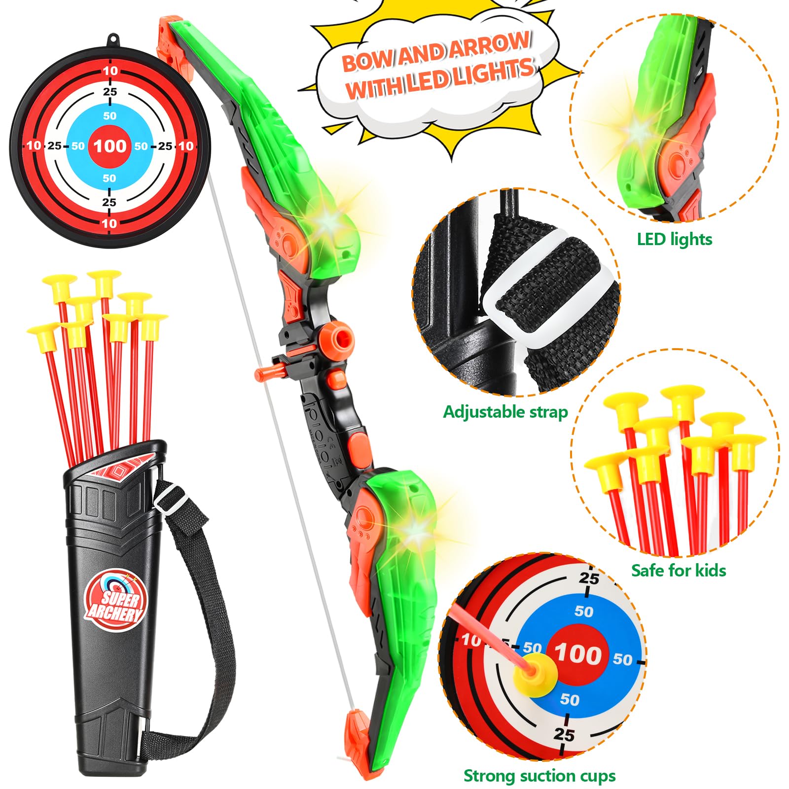 Set Arco E Freccie Per Bambini Con Dinosauro LED - 10 Frecce A Ventosa, Bersaglio E Faretra
