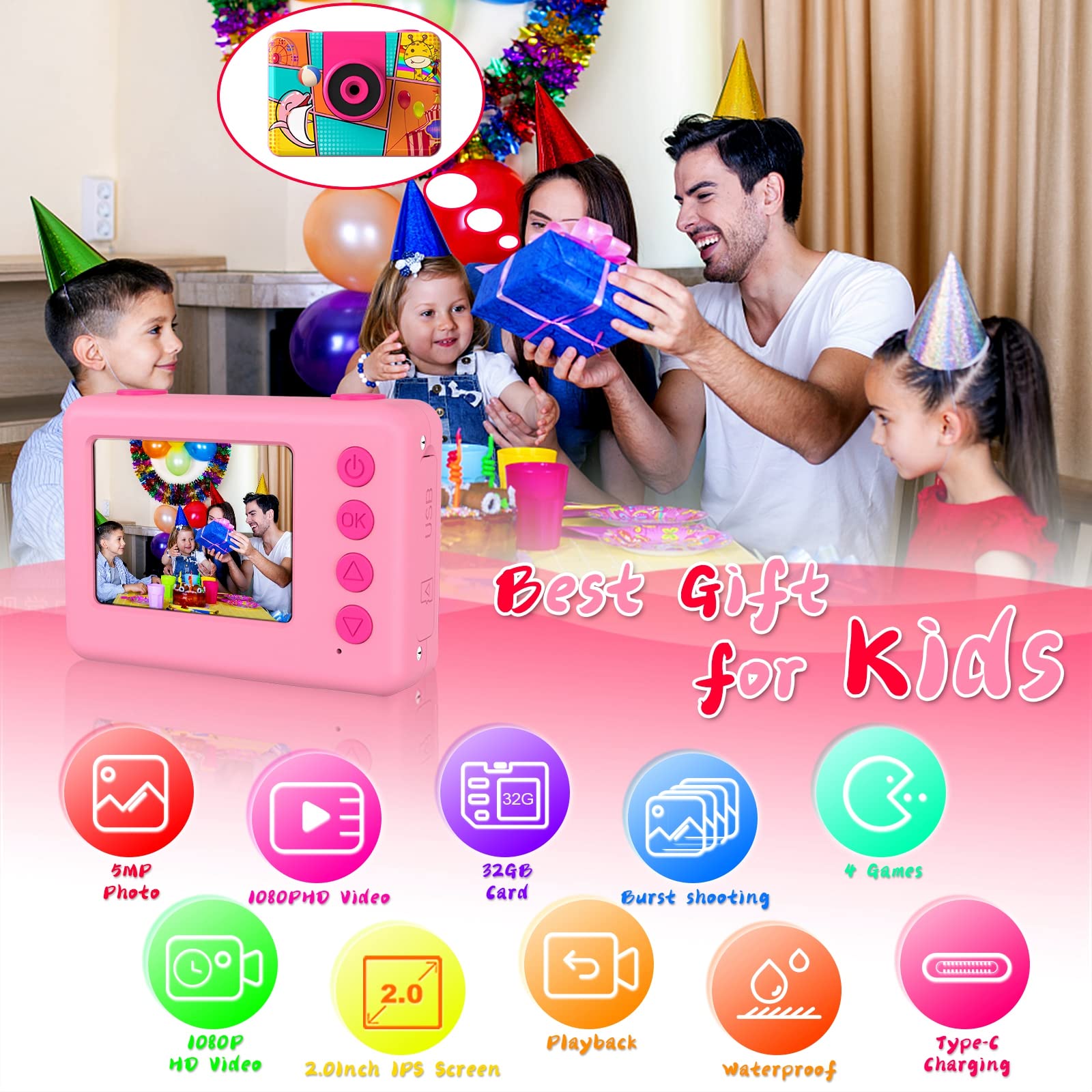 CHAKEYAKE Macchina Fotografica Bambini, 2.0” Fotocamera Digitale Impermeabile, 1080P 180 °Flip Len, Subacquea Macchina Fotografica Giocattolo Videocamera con Scheda SD 32G per Bambini 3-12 anni