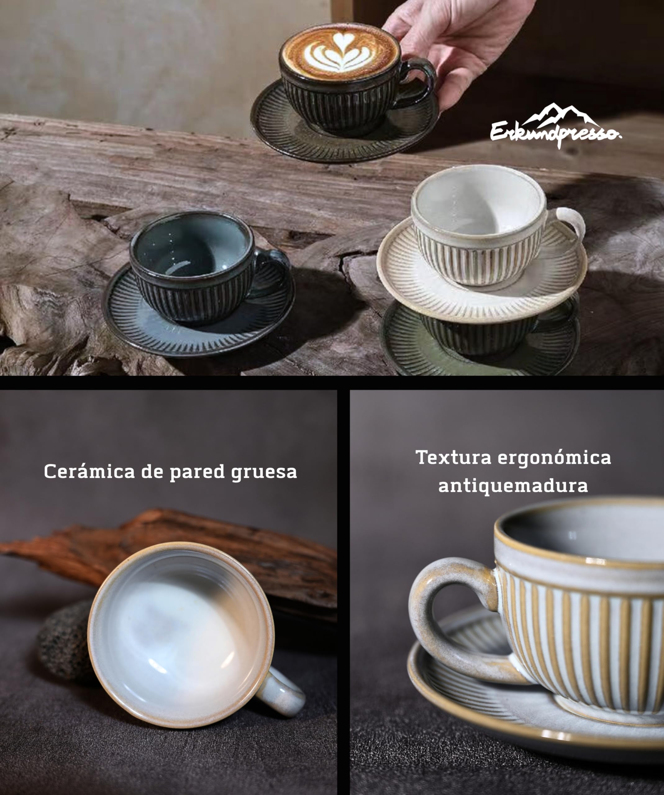 Tazas de Café Espresso con Platos - 6 x 100 ml con Asa - Estrias Antideslizantes - Cerámica Paredes Gruesas - Juego de Té - Aptas para Lavavajillas - Caja de Regalo - Blanco