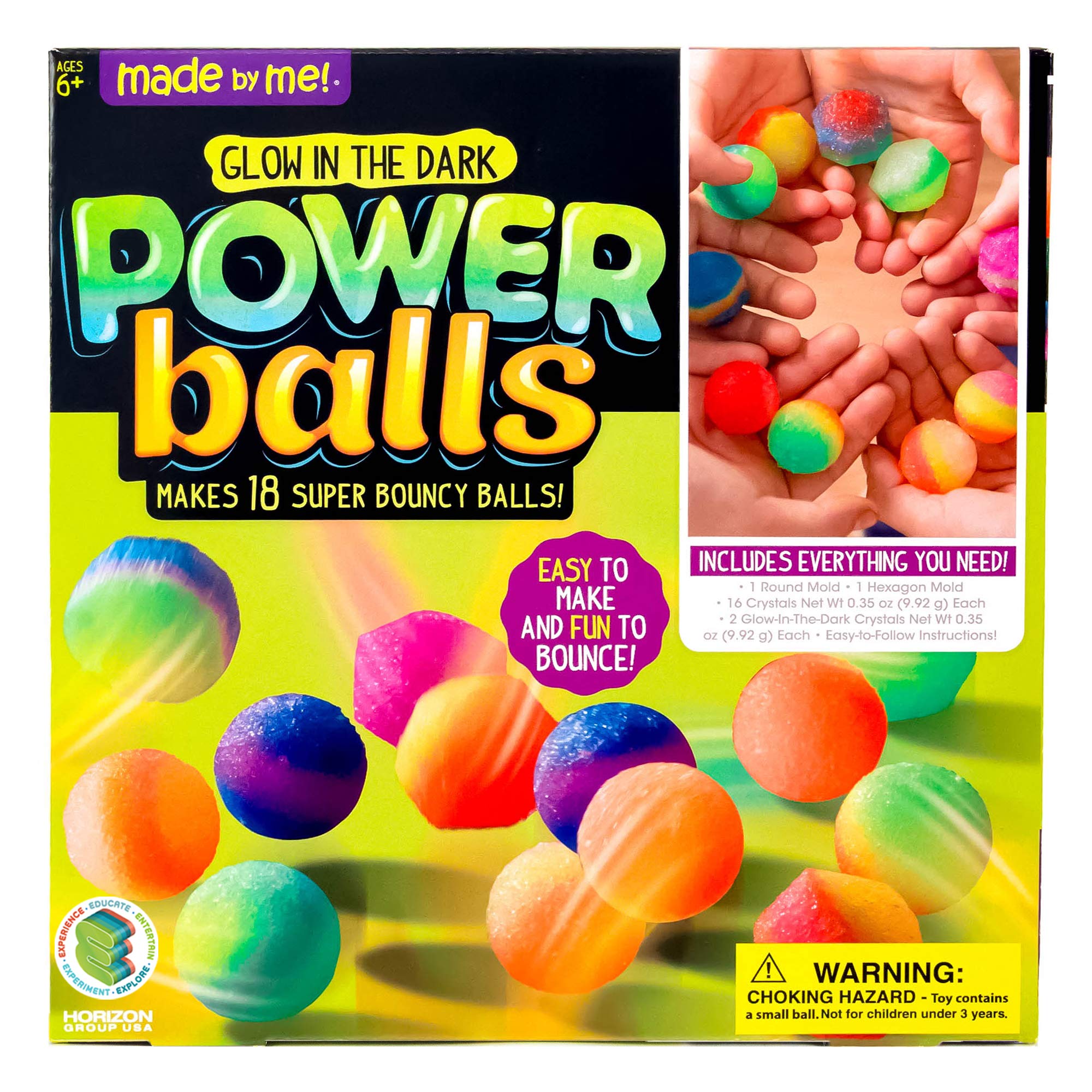 Made By Me Glow The Dark Powerballs by Horizon Group USA, DIY STEM Kit. Make 18 Bouncy Crystal Power Balls, Molds and Instructions Included,Multicolored